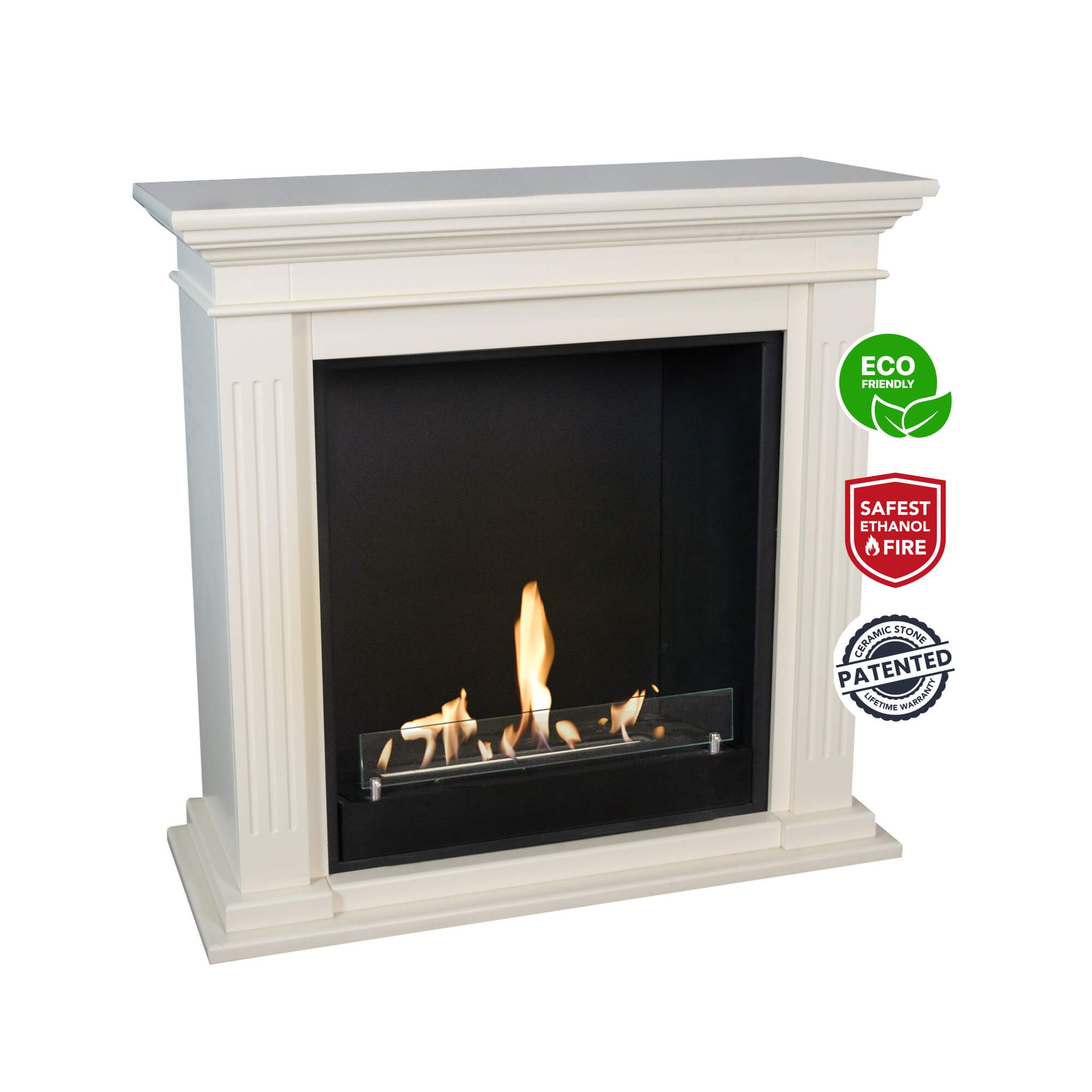 Een witte open haard met een zwart interieur en vlammen. Het heeft veiligheids- en milieulabels.