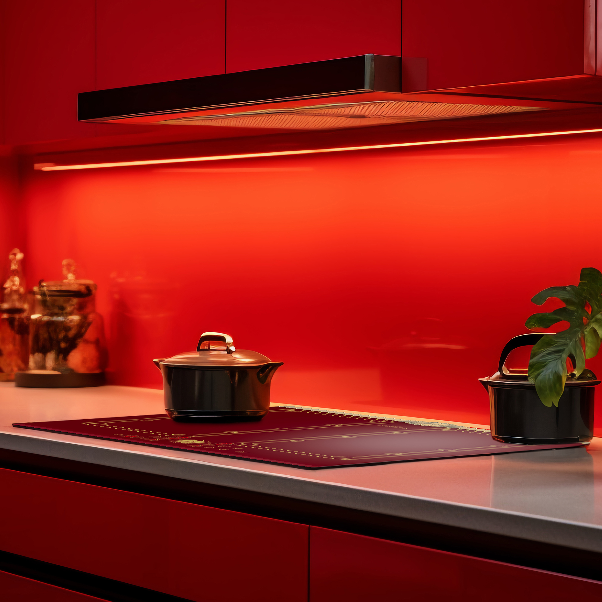 Rote Küche mit schwarzen Töpfen, Arbeitsplatte und roter Rückwand. Rechts steht eine Pflanze. Oben ist ein Licht.
