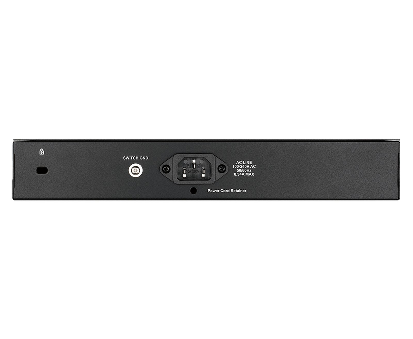Switch di rete nero con ingresso alimentazione, info linea CA e porta Switch GND. Sfondo bianco.