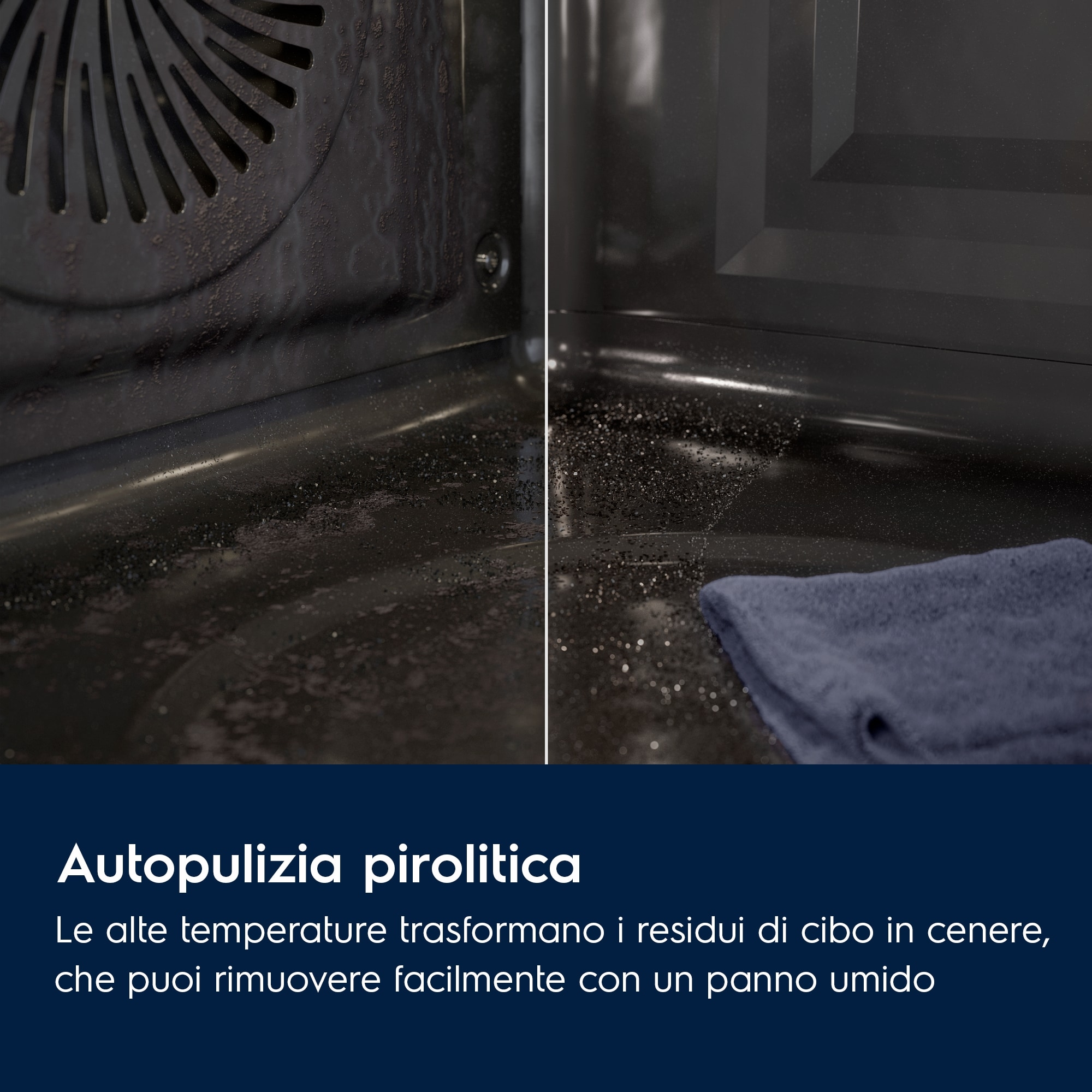 L'interno di un forno con residui di cibo bruciati è mostrato prima e dopo la pulizia. Un panno blu è a destra.