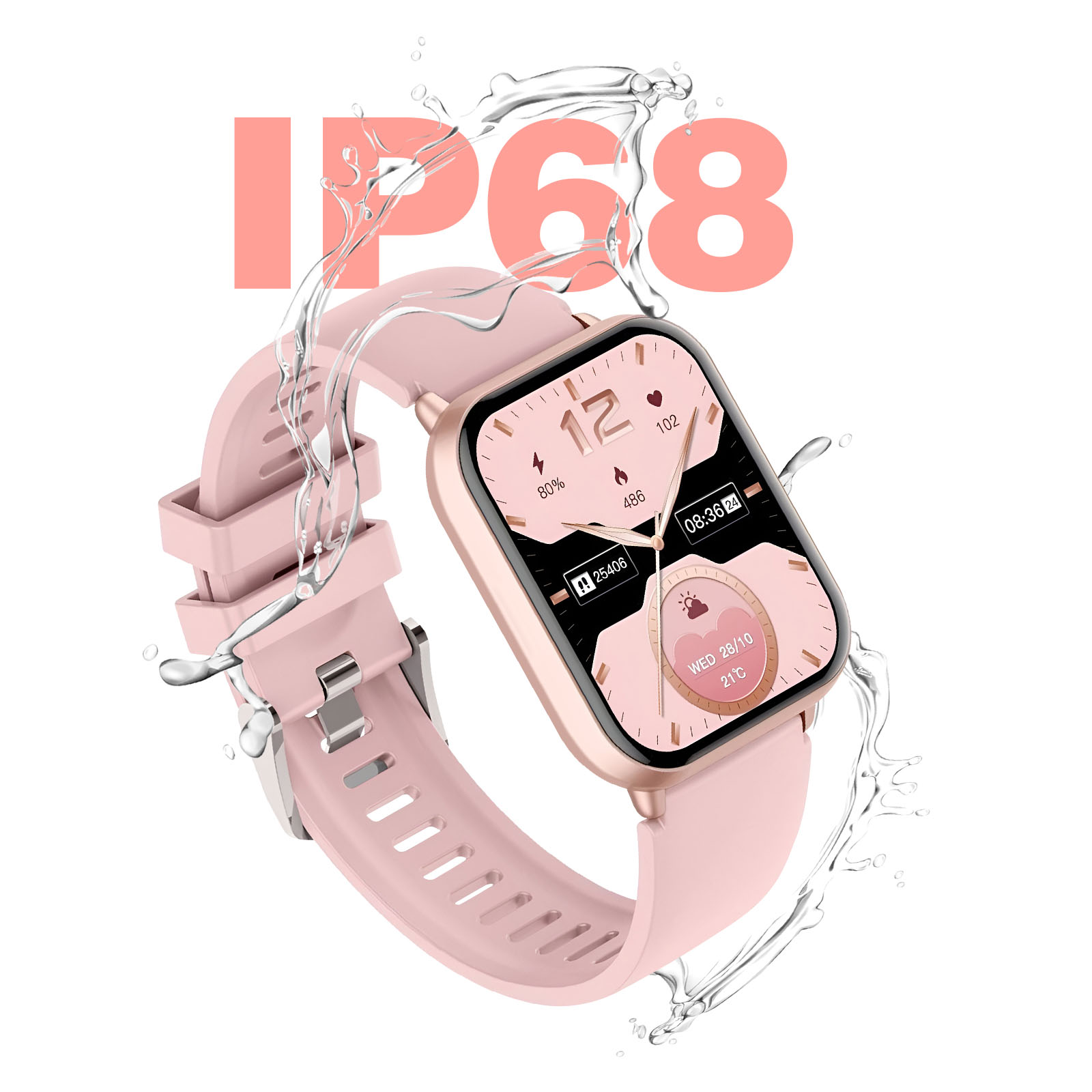 Eine rosa Smartwatch mit Wasserspritzern. Der Bildschirm zeigt Uhrzeit und Datum. Rosa IP68-Text.