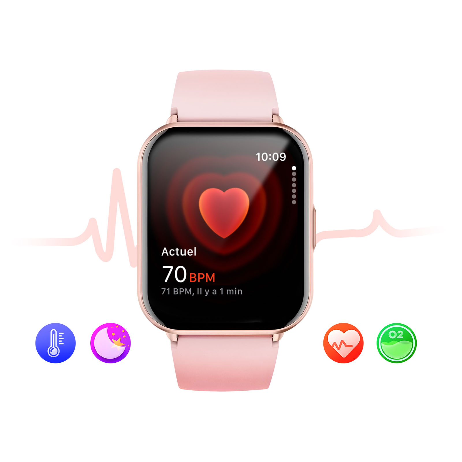 Eine rosa Smartwatch zeigt eine Herzfrequenz von 70 BPM an. Symbole für Temperatur, Schlaf, Herzfrequenz und Sauerstoff befinden sich darunter.