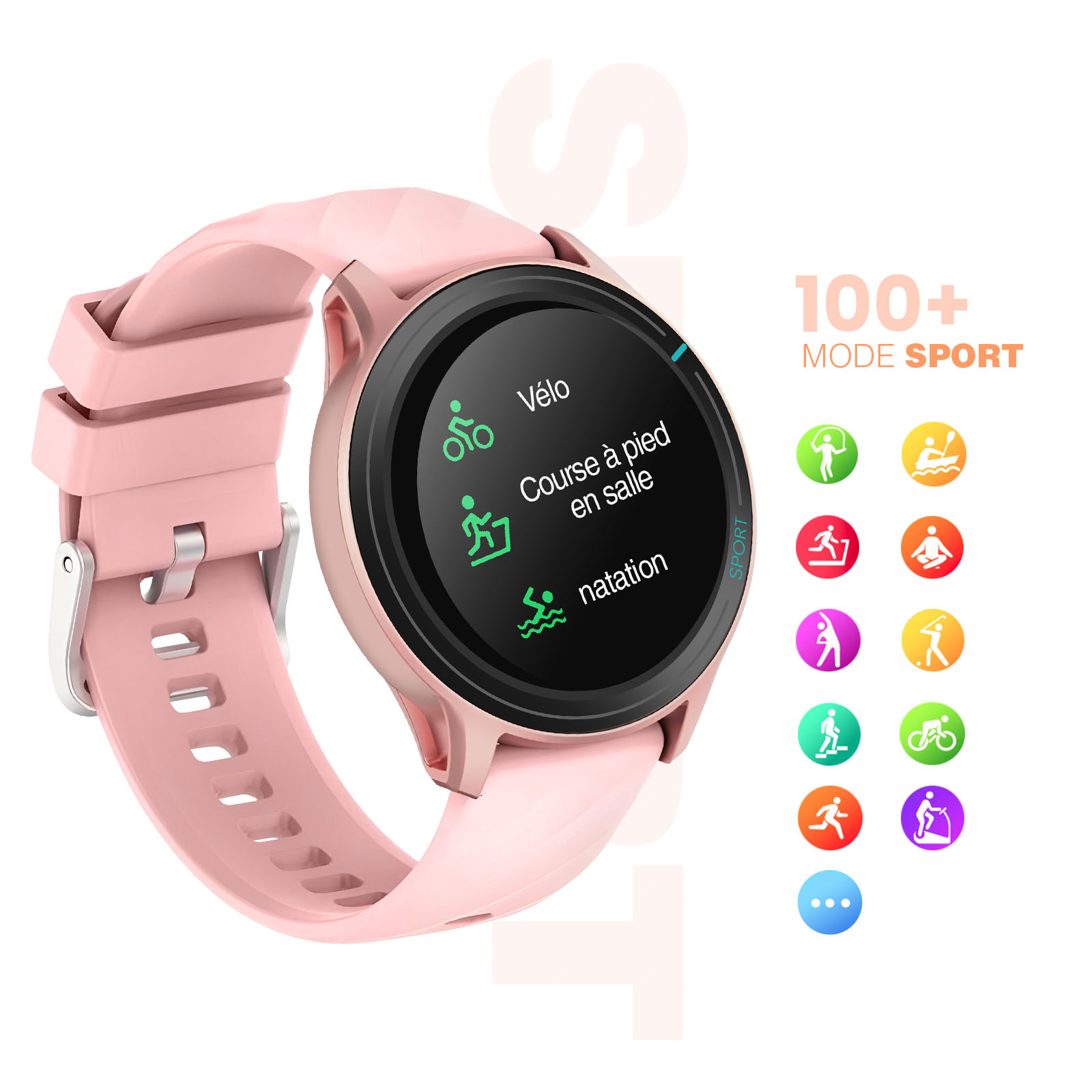 Eine rosa Smartwatch mit schwarzem Bildschirm, der Sportoptionen anzeigt. Sie hat ein rosa Armband und Sport-Icons.