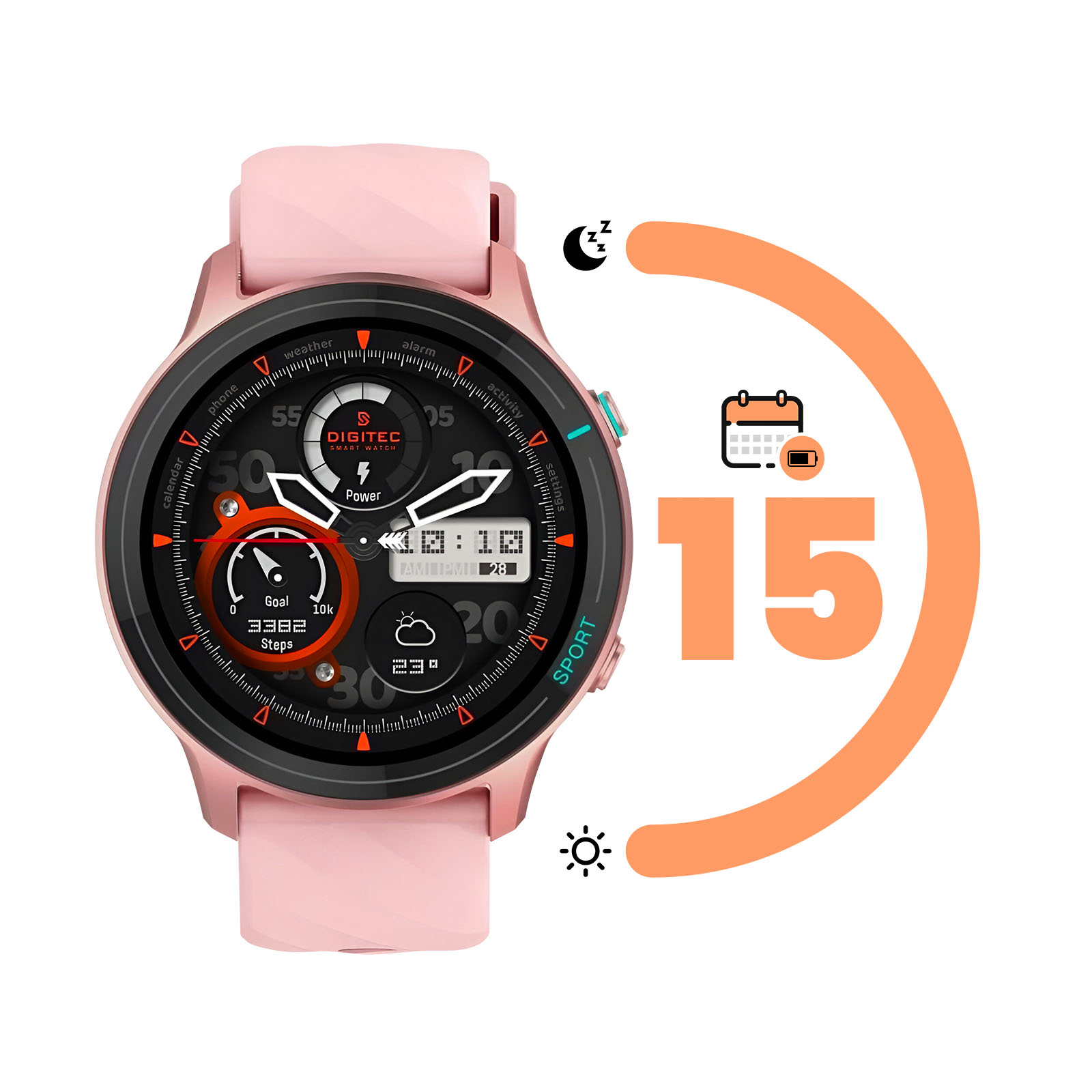 Eine roségoldene Smartwatch mit schwarzem Bildschirm. Sie zeigt Zeit, Schritte und Wetterdaten an. Ein orangefarbener Kreis zeigt die Zahl 15.