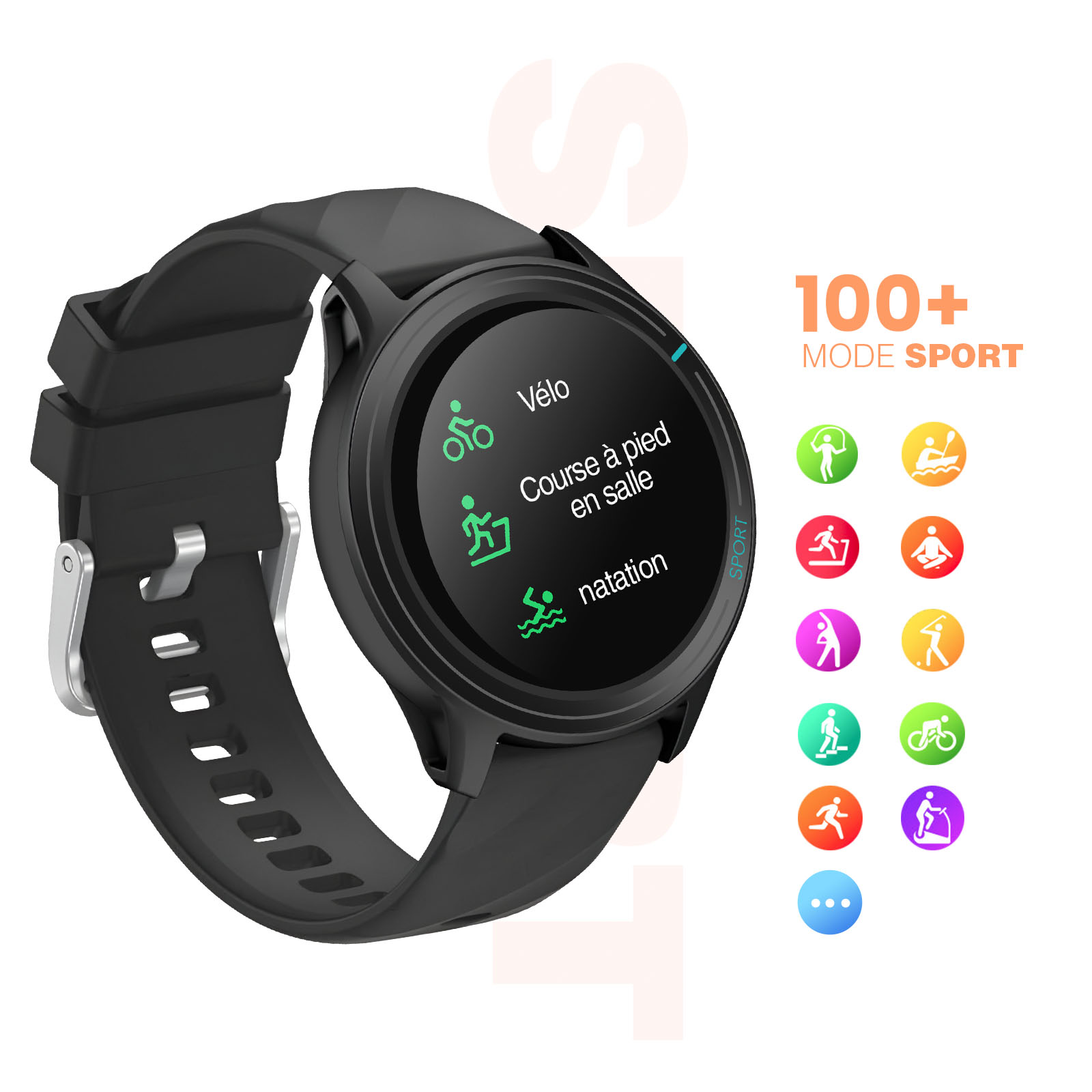 Un reloj inteligente negro muestra modos deportivos como ciclismo y natación. El texto dice: '100+ MODE SPORT'.