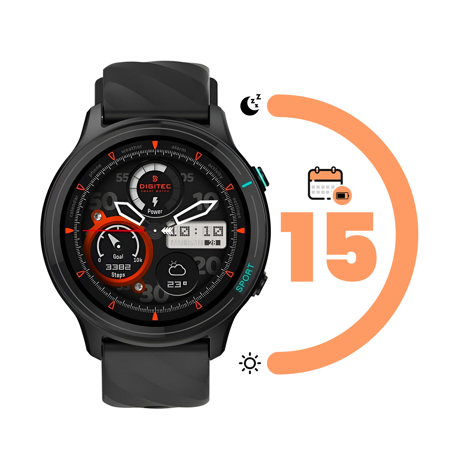 Reloj inteligente negro con detalles en naranja que muestra la hora, los pasos y el clima. Un arco naranja y el número 15 a la derecha.