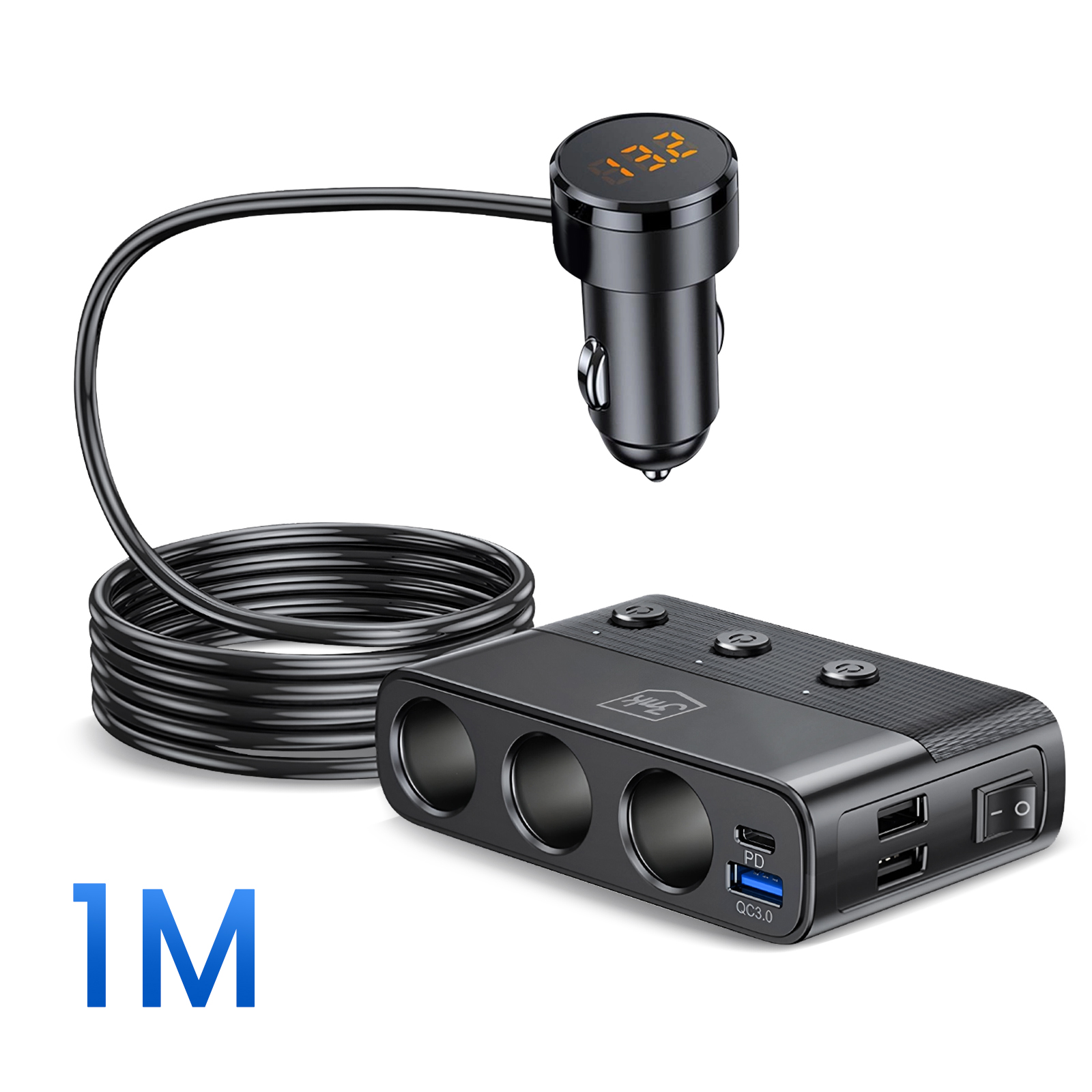 Czarna ładowarka samochodowa z cyfrowym wyświetlaczem, podłączona do adaptera wieloportowego z portami USB i włącznikiem.