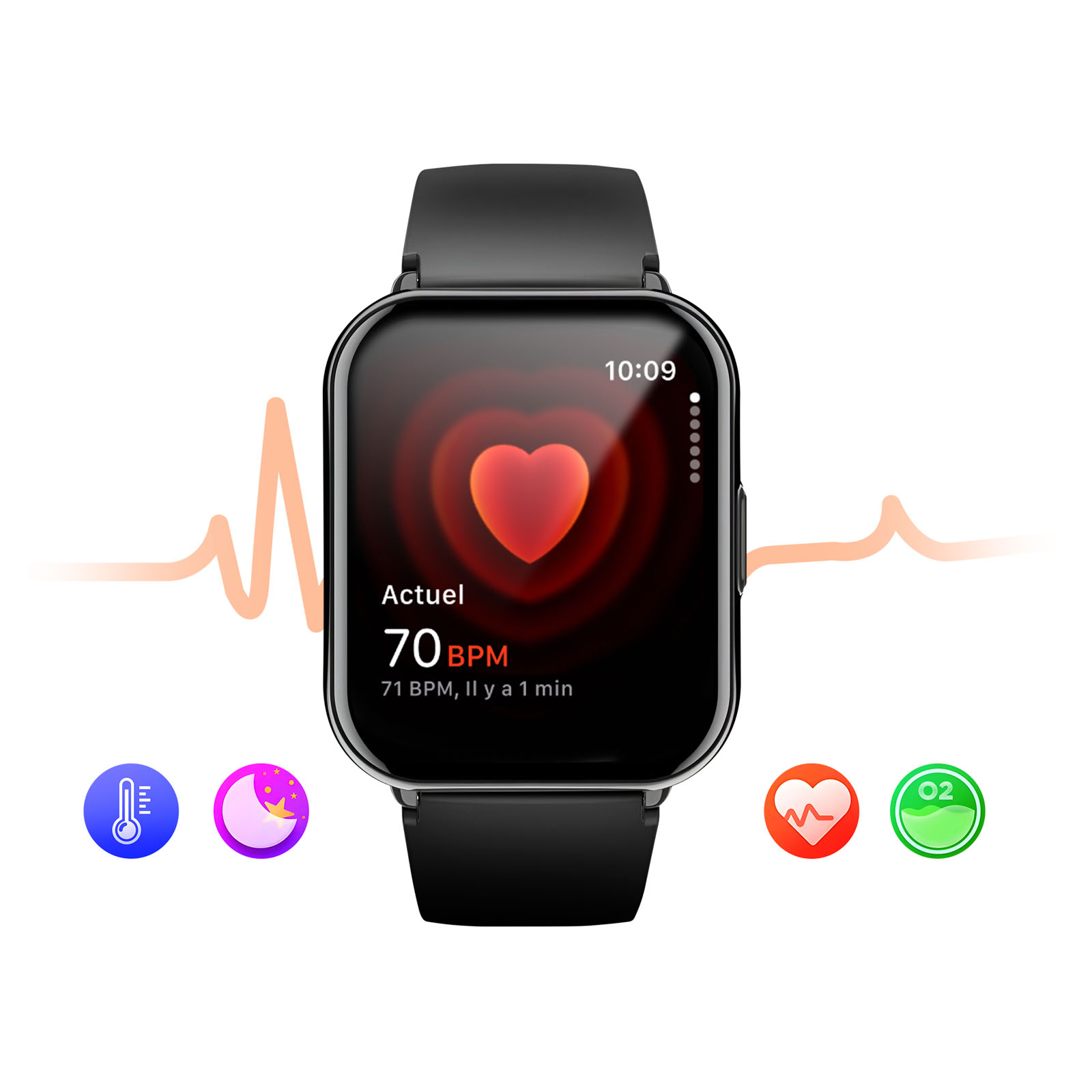 Eine Smartwatch zeigt eine Herzfrequenz von 70 BPM an. Symbole für Temperatur, Schlaf, Herzfrequenz und Sauerstoff sind abgebildet.