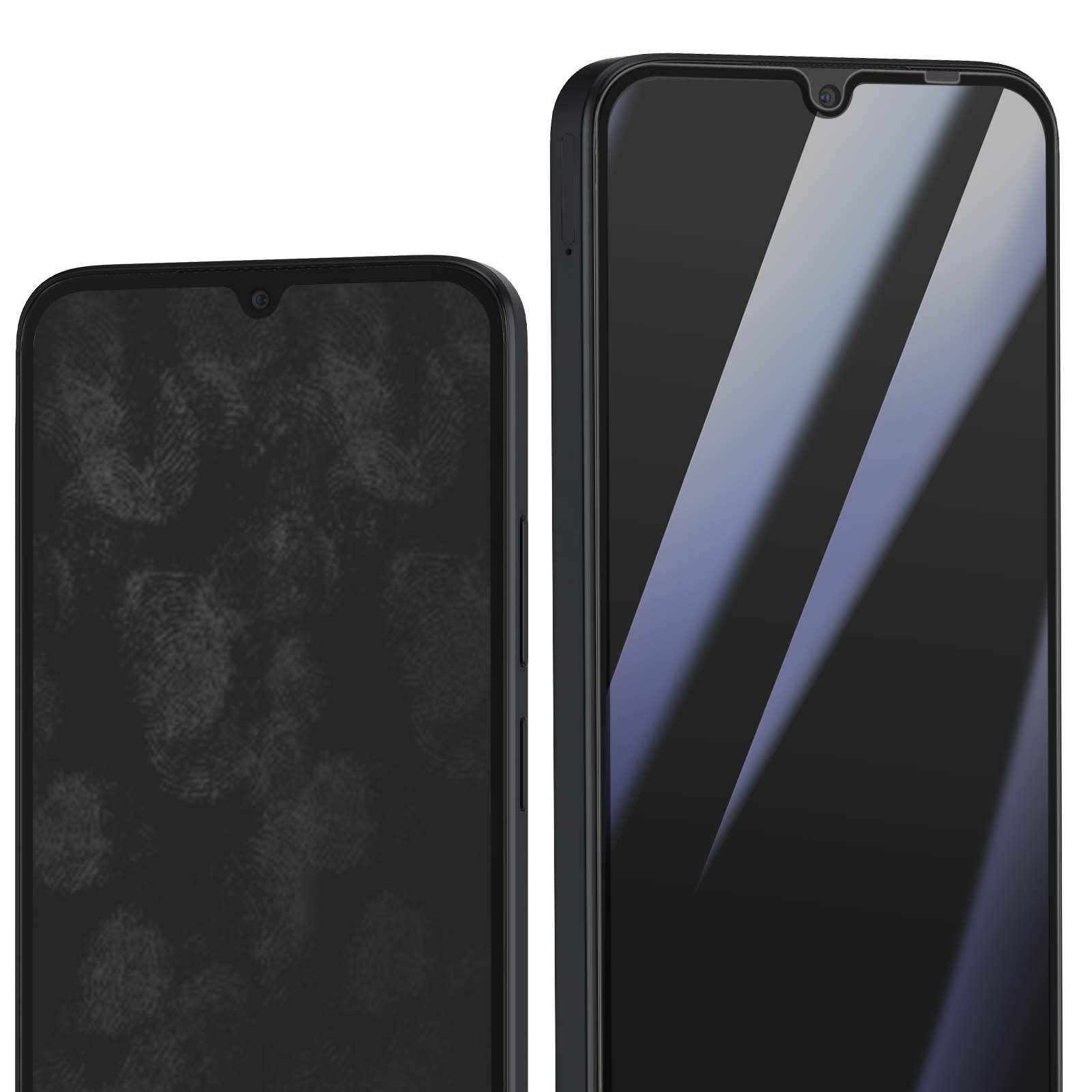 Deux smartphones noirs côte à côte. L'un montre des empreintes digitales, l'autre reflète la lumière.