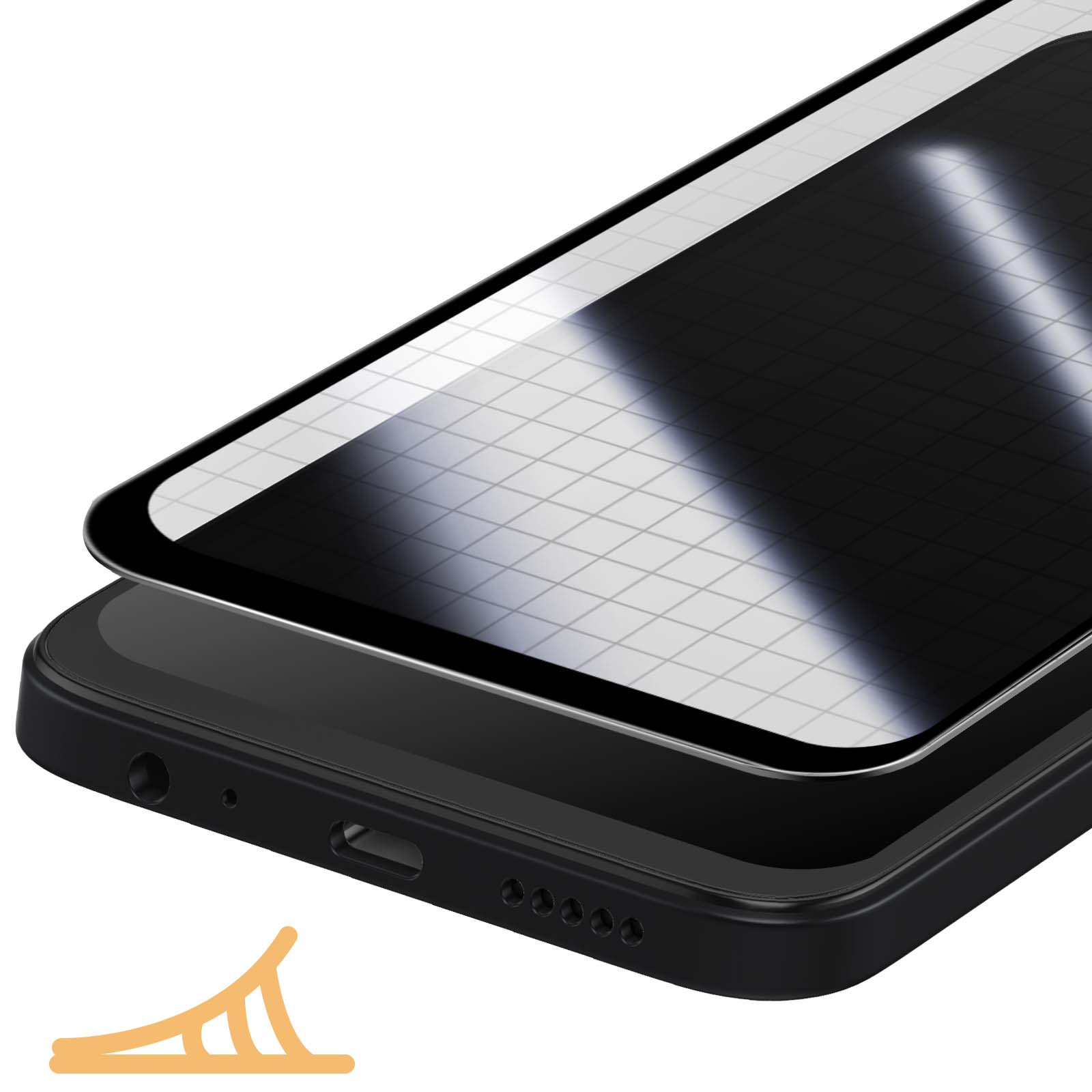 Gros plan d'un smartphone noir avec un protecteur d'écran. L'écran reflète un motif quadrillé. Une icône orange clair est en bas.