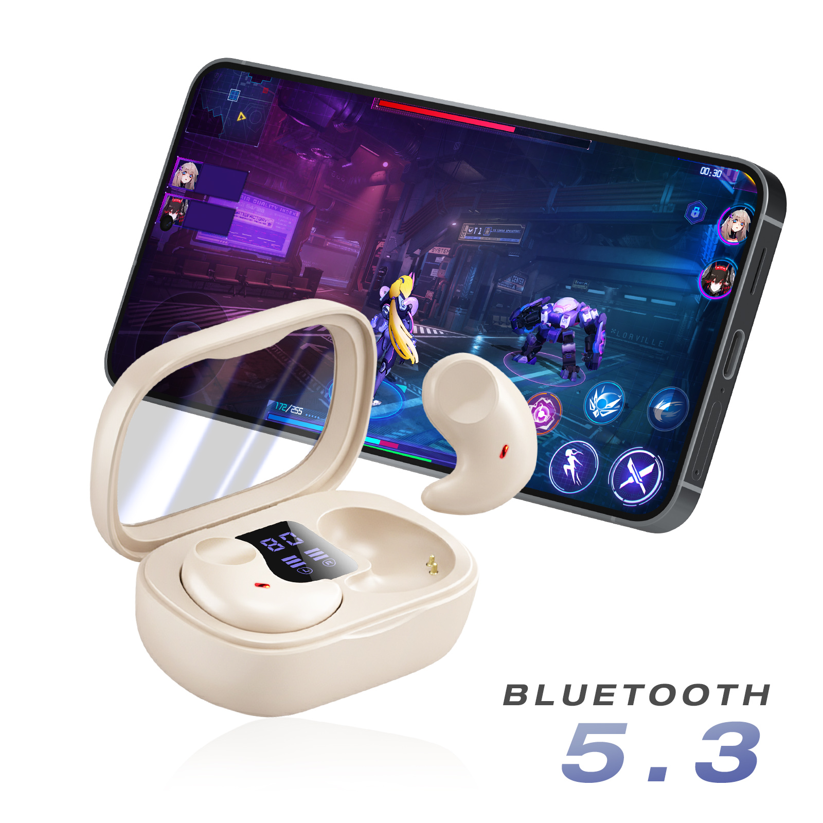 Auricolari e un telefono che mostra un gioco. Gli auricolari sono nel loro astuccio. Bluetooth 5.3 è scritto in basso.