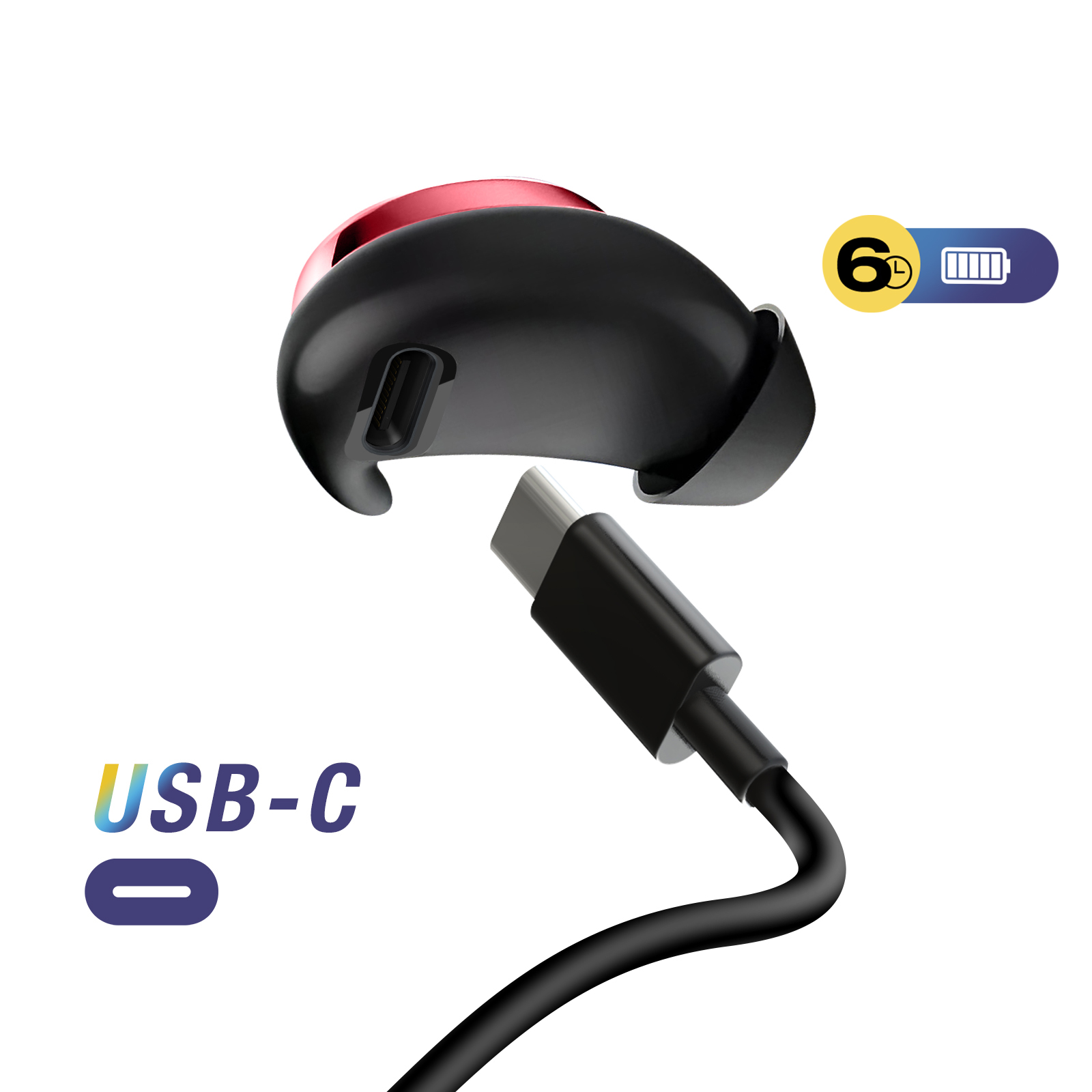 Écouteurs noirs et rouges avec un câble USB-C. Une icône de batterie et le texte "6" sont visibles.