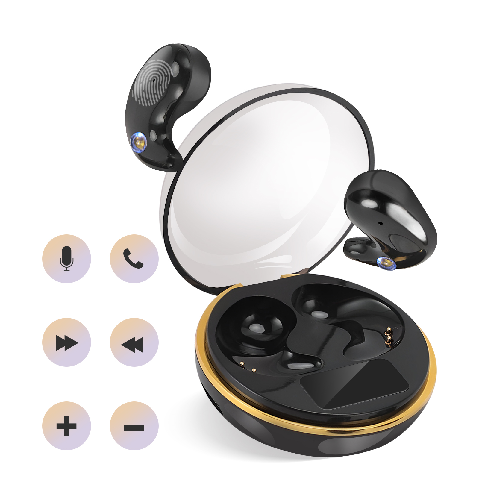 Auricolari wireless neri con custodia di ricarica. Icone per volume, telefono e controllo multimediale a sinistra.