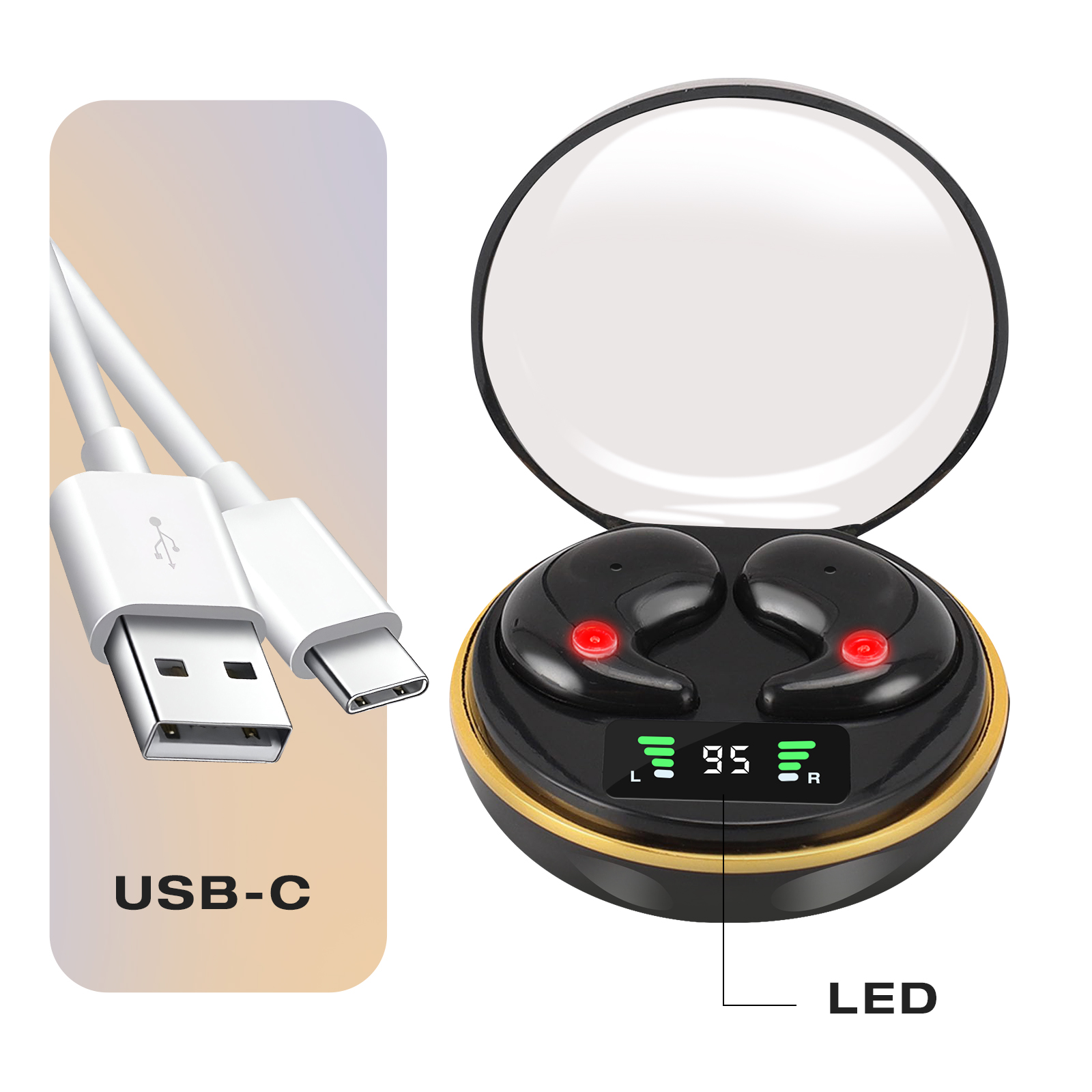 Auricolari wireless in custodia di ricarica, cavo USB-C e piccolo display LED con batteria.