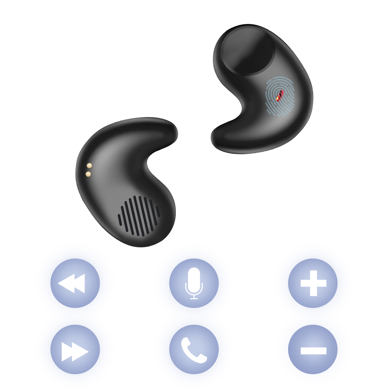 Due auricolari wireless neri con icone di controllo: riavvolgi, avanti, microfono, chiamata, simboli più e meno.