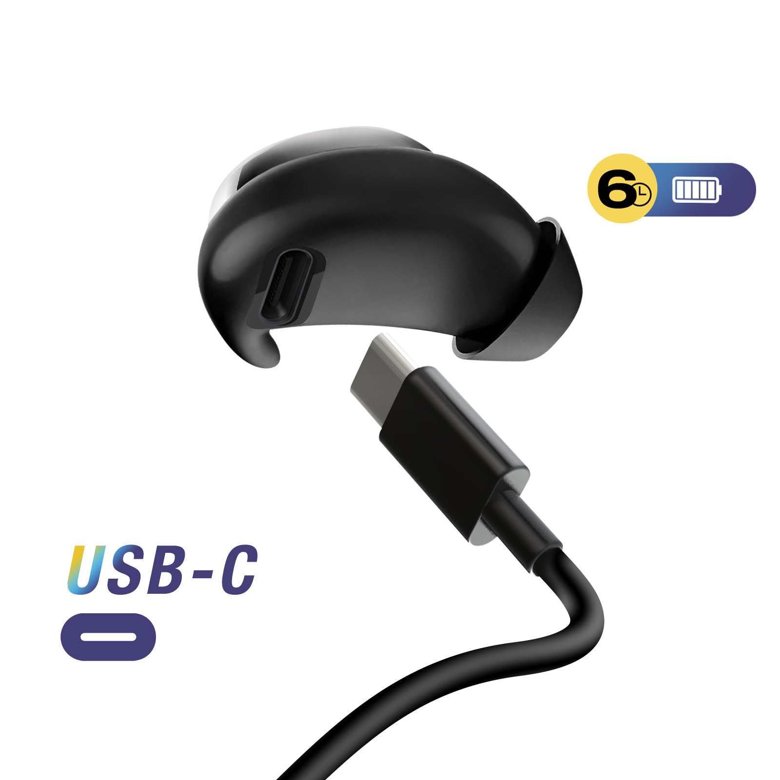 Écouteurs noirs avec câble USB-C. Une icône de batterie indique 6 heures d'utilisation. Le texte USB-C est également présent.