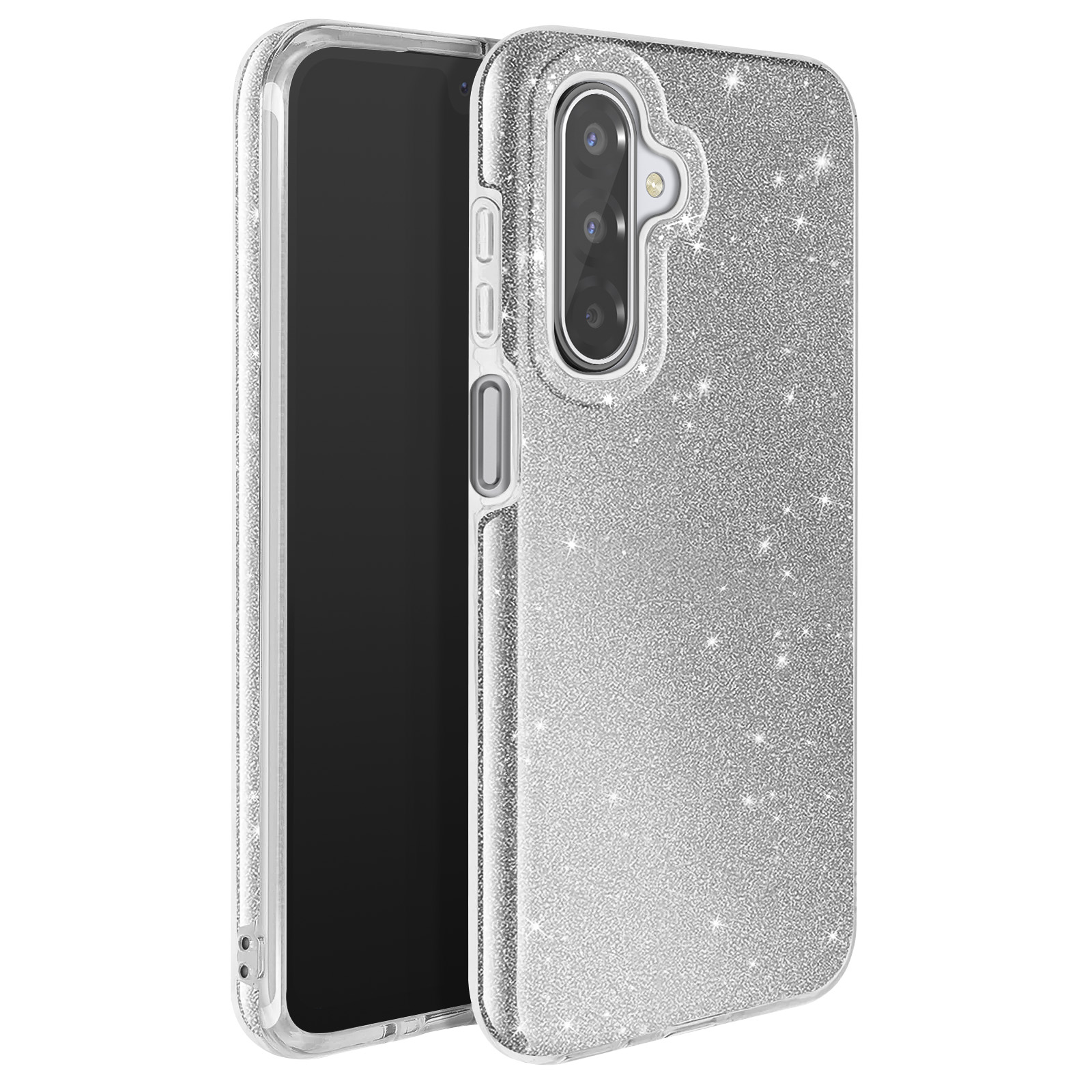 Une coque de téléphone argentée à paillettes avec un téléphone noir à l'intérieur. La coque a une découpe pour l'appareil photo.