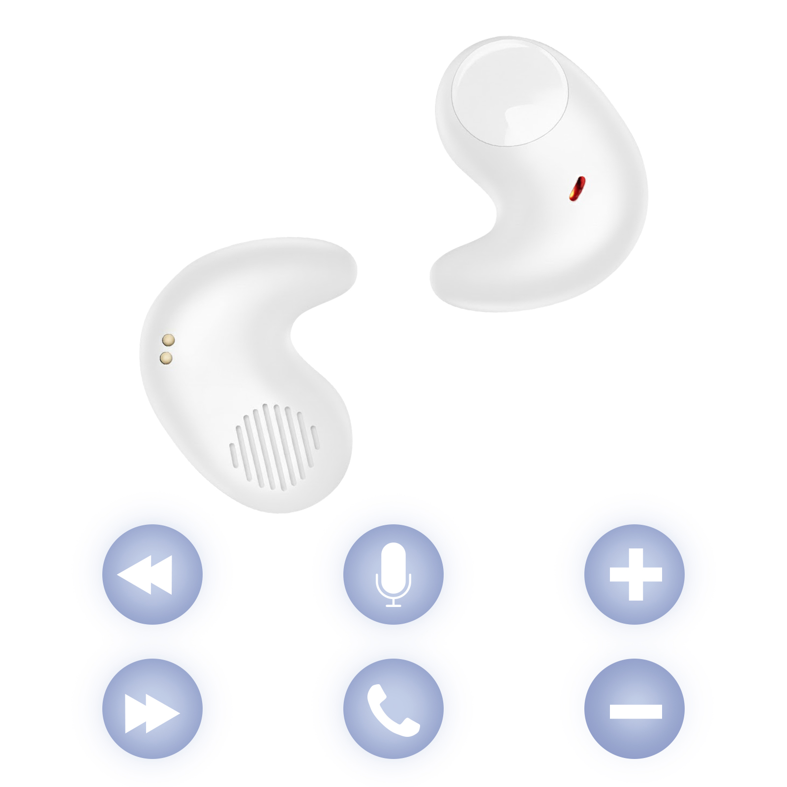 Due auricolari bianchi con pulsanti di controllo: riavvolgi, microfono, più, avanti veloce, chiama e meno. Sfondo bianco.