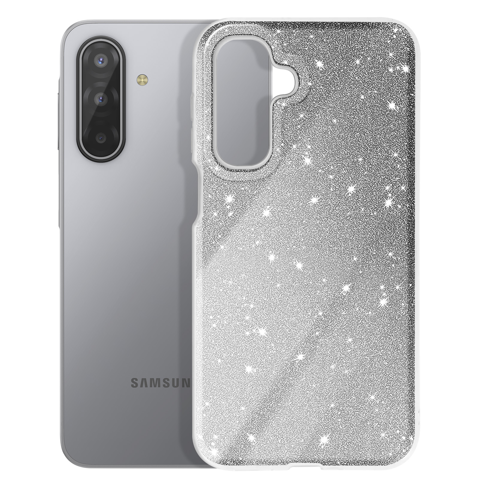 Un téléphone Samsung avec un étui argenté scintillant. Le téléphone est gris. L'étui a une texture brillante et pailletée.