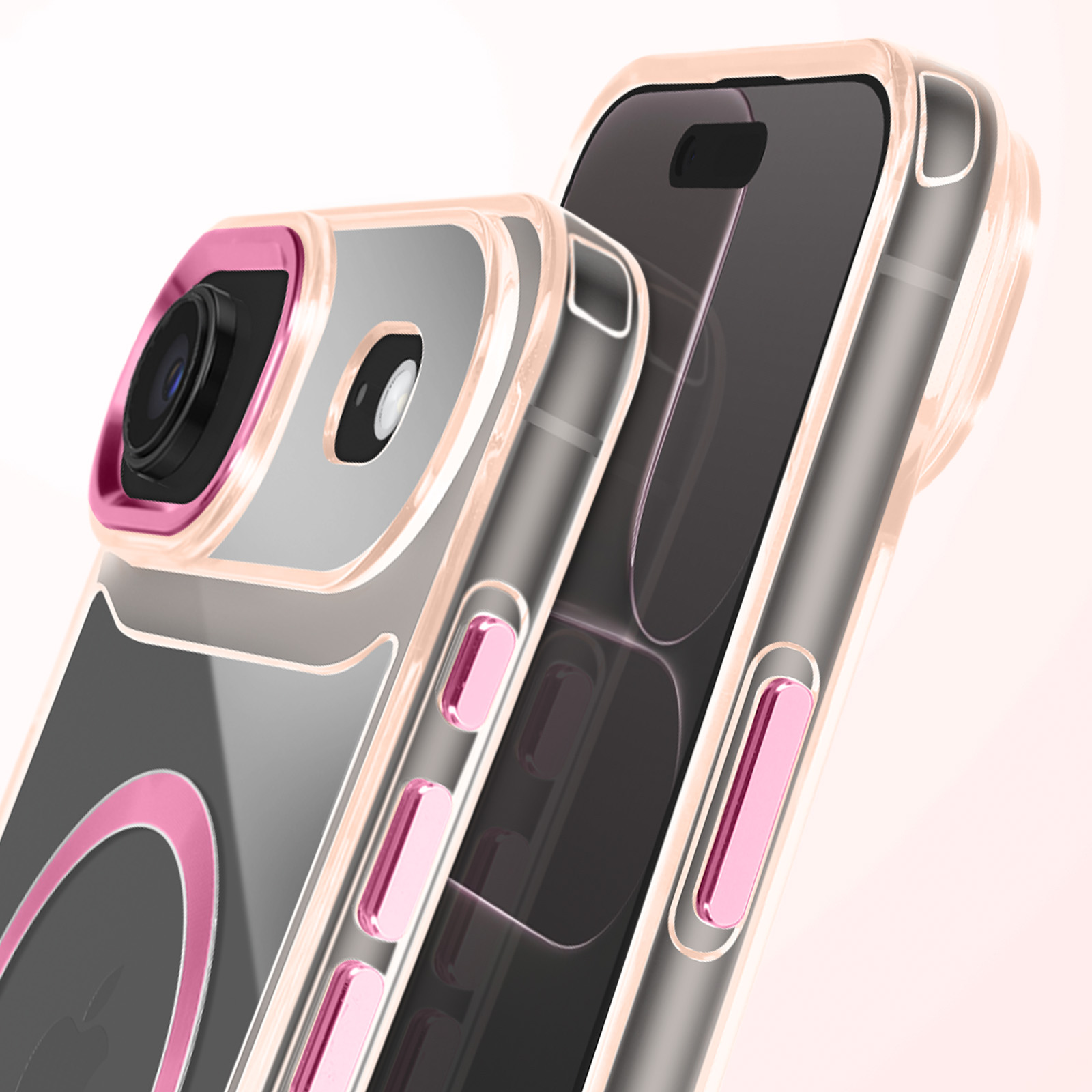 Twee smartphones met doorzichtige hoesjes. Eén heeft een roze camerarand en knoppen. De andere telefoon staat erachter. Beide hoesjes hebben een roze accent.