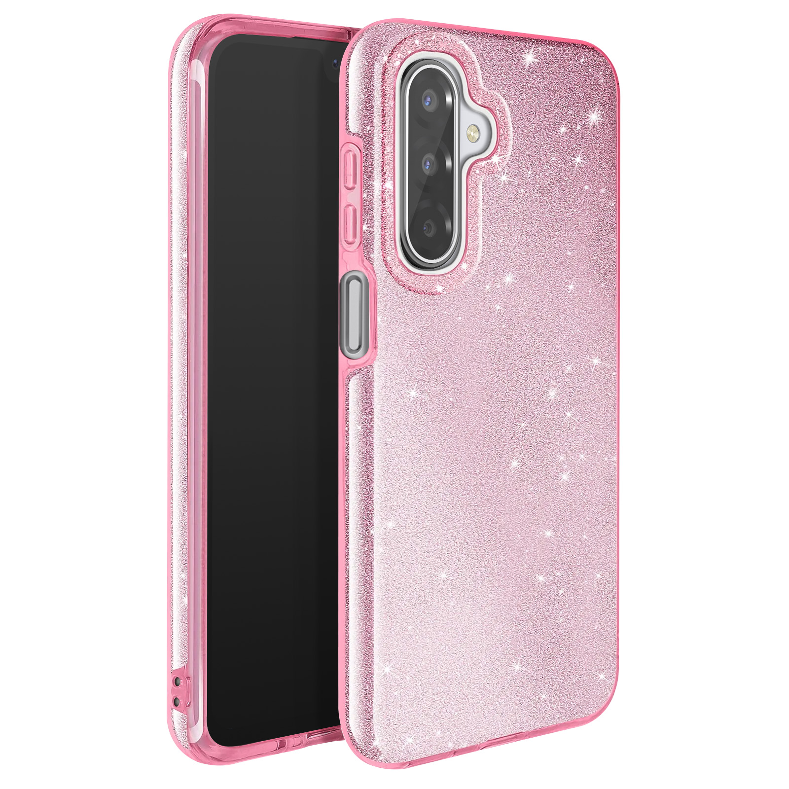 Une coque de téléphone rose pailletée avec un téléphone à l'intérieur. La coque a une découpe pour l'appareil photo et des boutons.