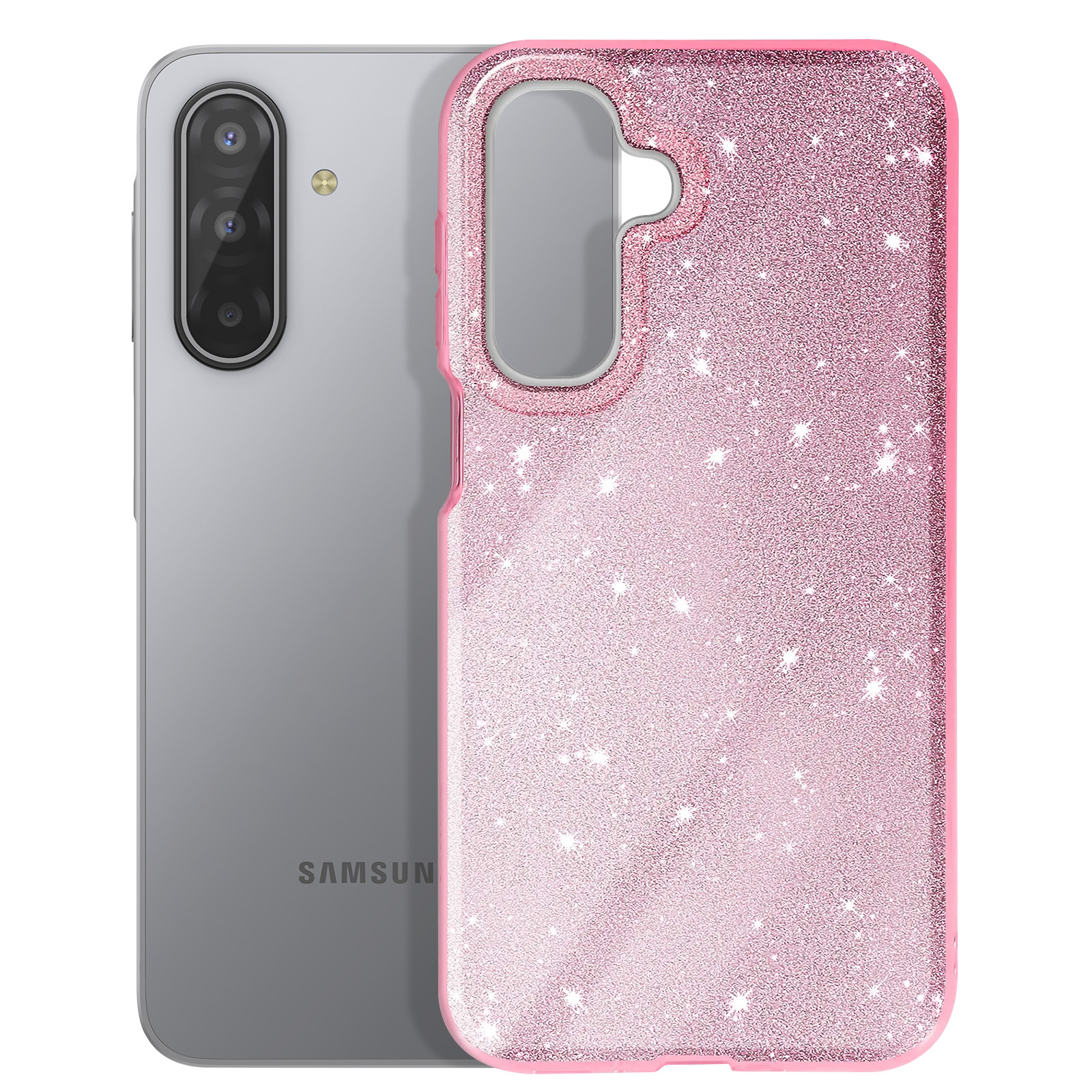 Un téléphone Samsung avec une coque rose pailletée. La coque a une surface brillante et une découpe pour l'appareil photo.