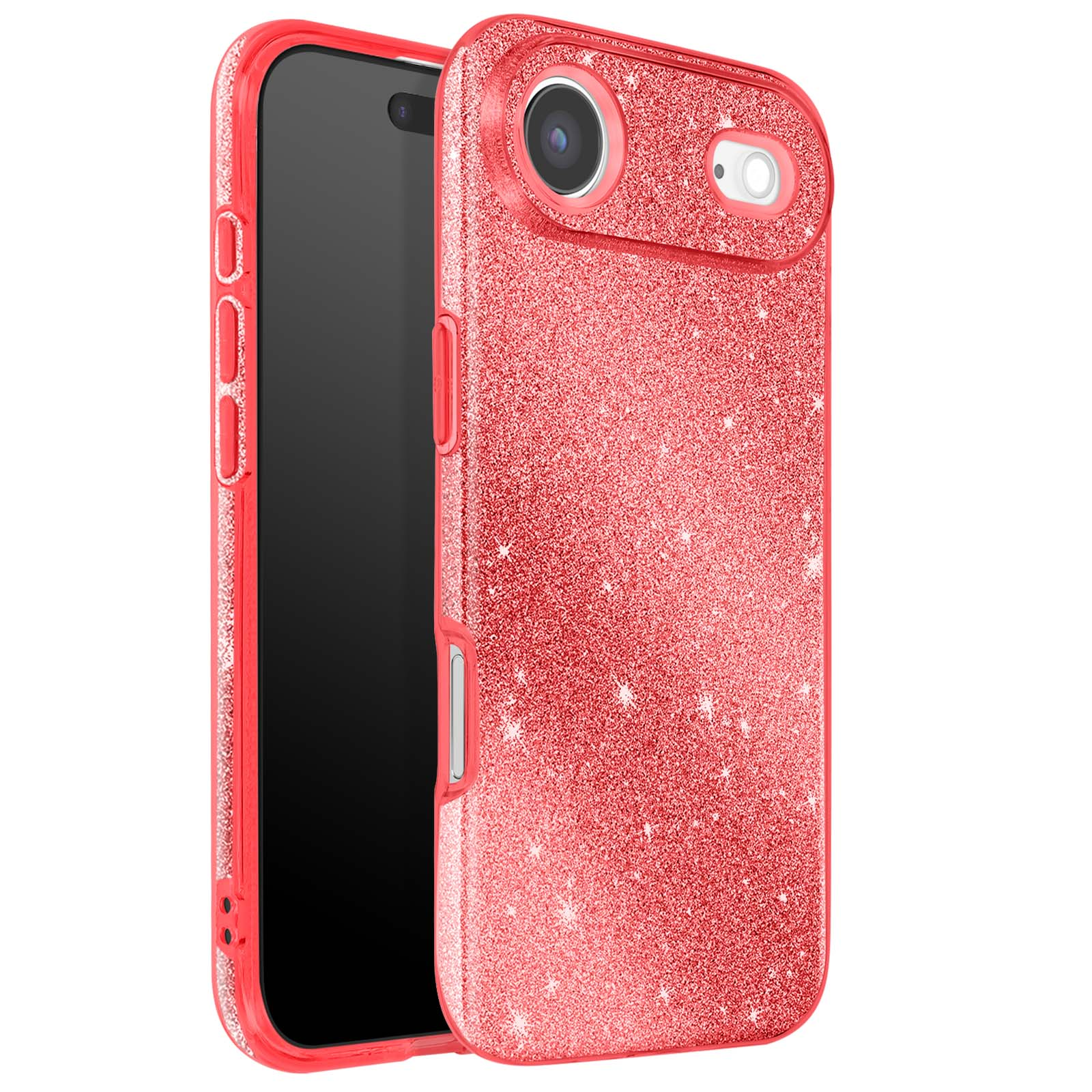 Un étui de téléphone rouge à paillettes recouvre un smartphone noir. L'étui a des ouvertures pour l'appareil photo et les boutons.