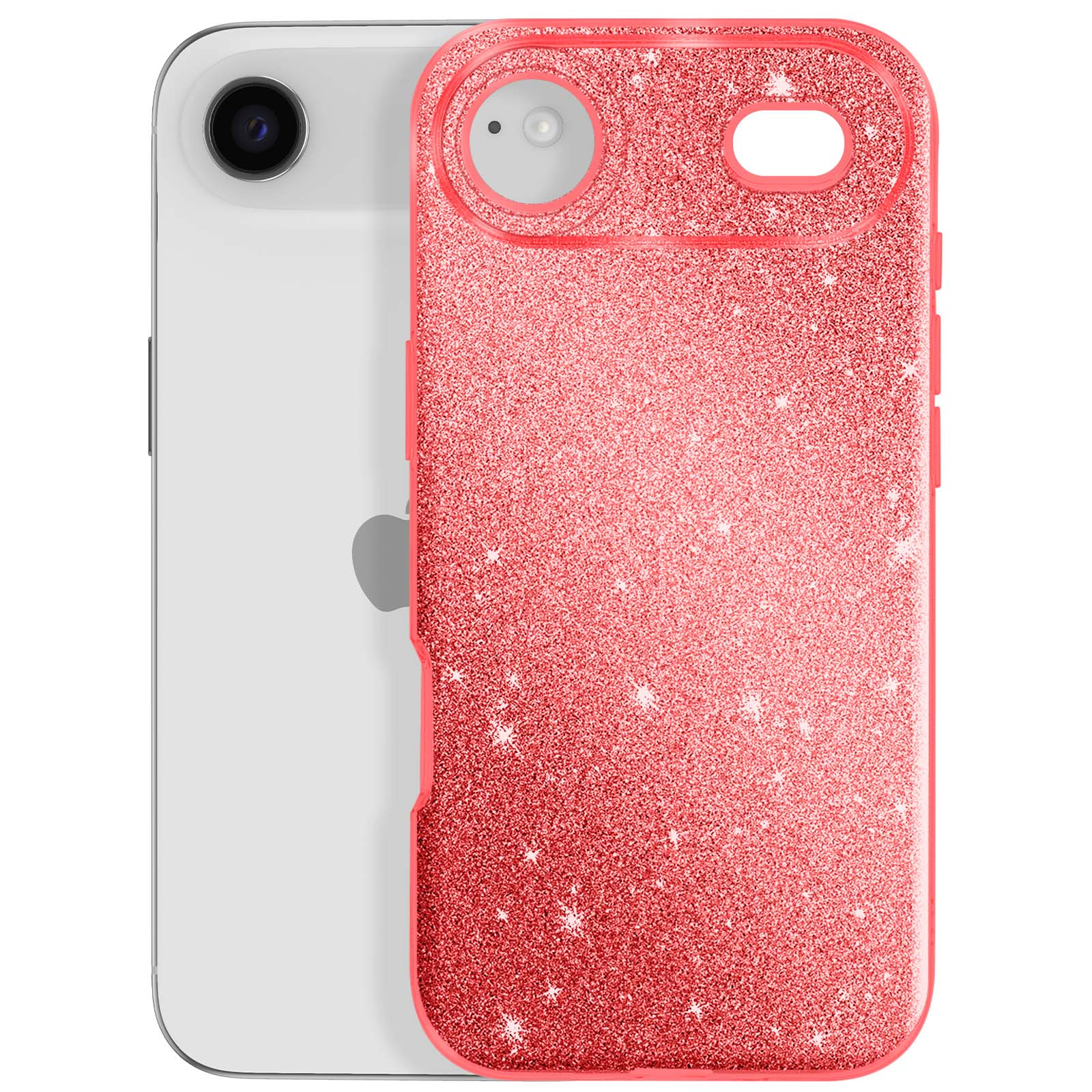 Un téléphone blanc avec une coque rouge à paillettes. La coque a des ouvertures pour l'appareil photo et le flash. Logo Apple visible.