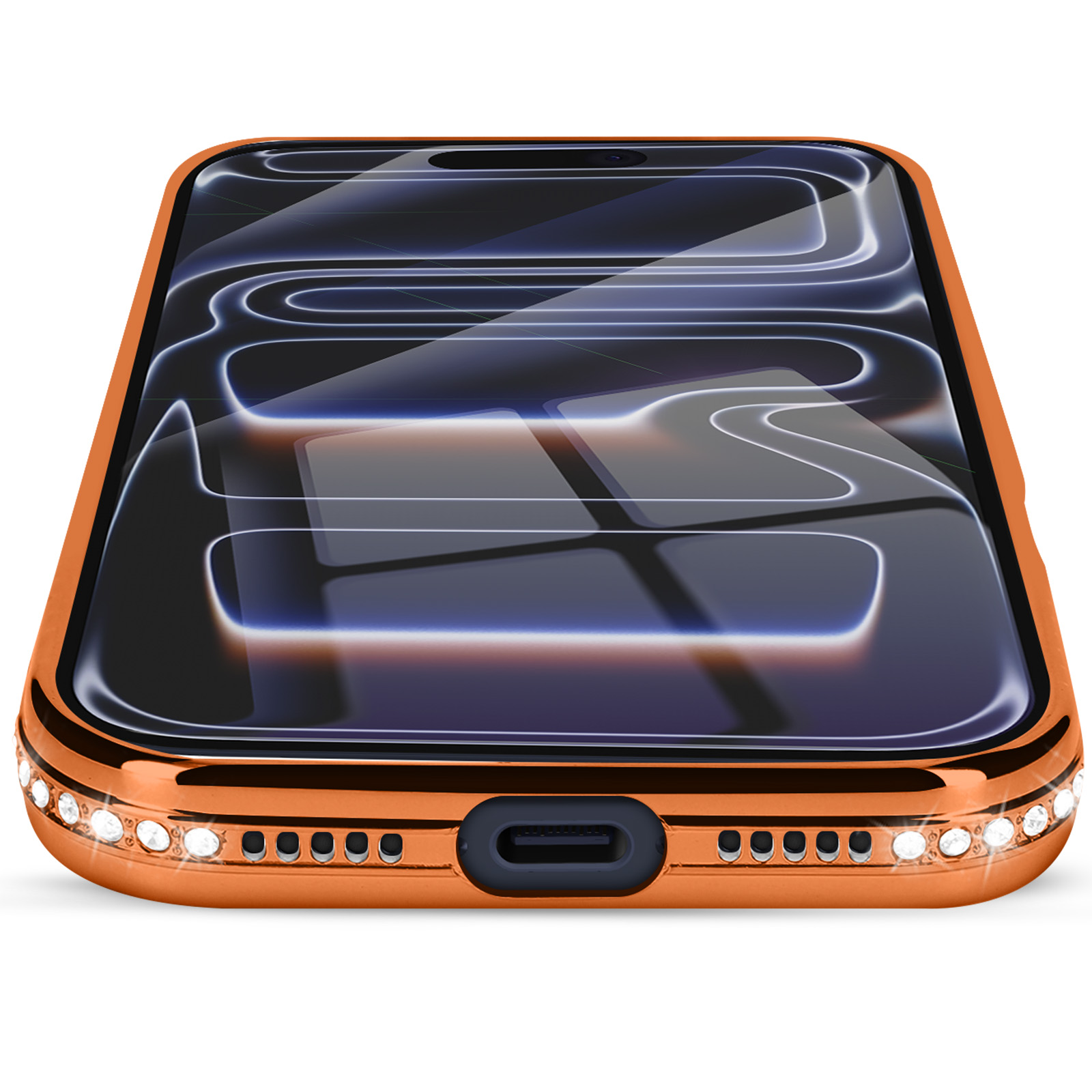 Gros plan d'un téléphone avec un étui orange et un écran réfléchissant. L'étui a des strass en bas.