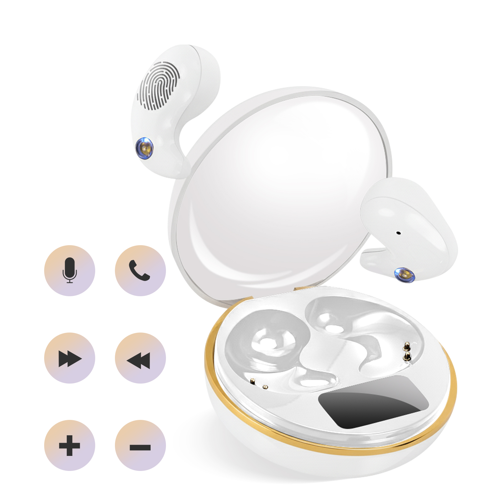 Auriculares blancos en estuche abierto, con iconos de volumen, llamada y música. Sensor de huellas dactilares.