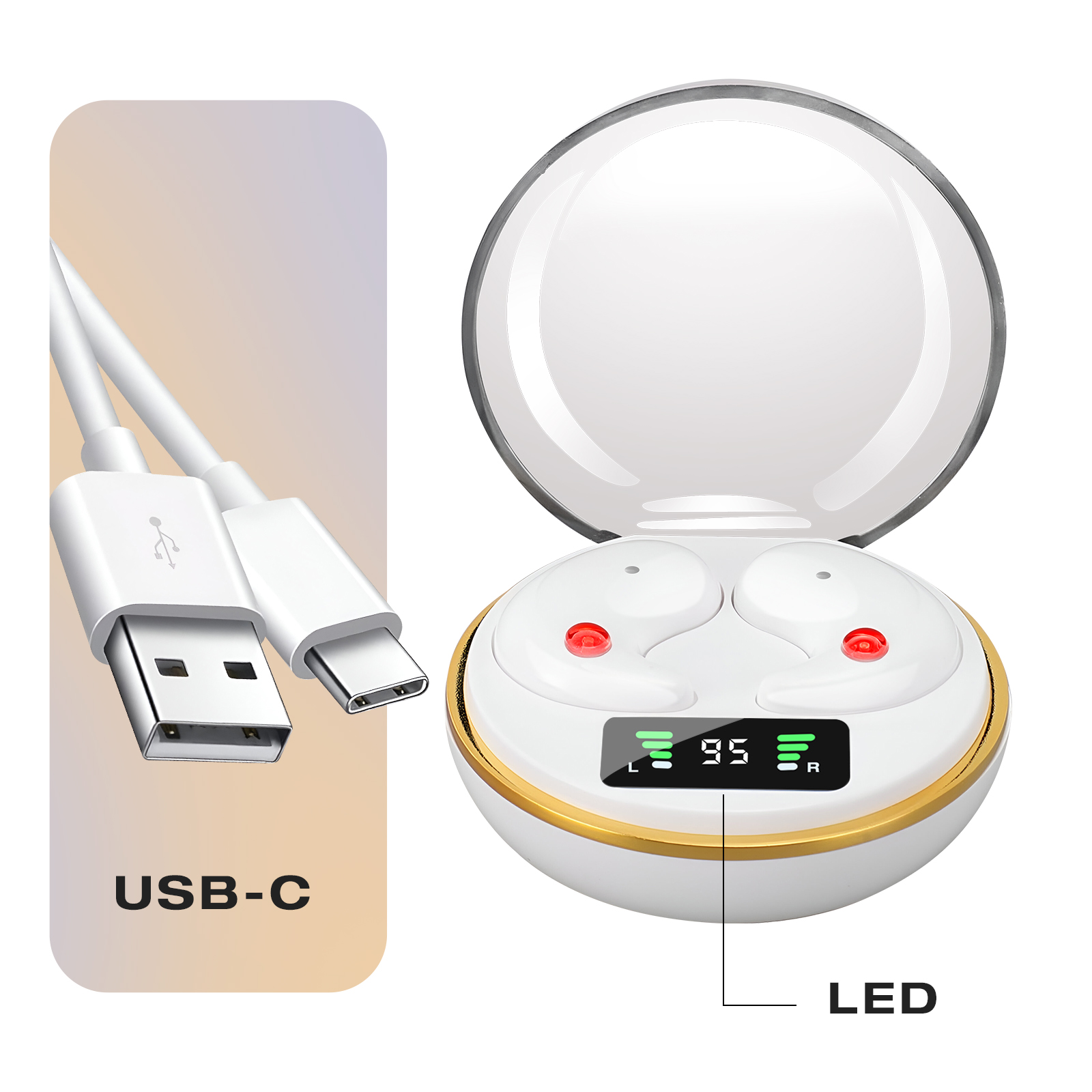 Auriculares blancos en un estuche con pantalla LED que muestra el 95% de carga. Cable de carga USB-C a la izquierda.