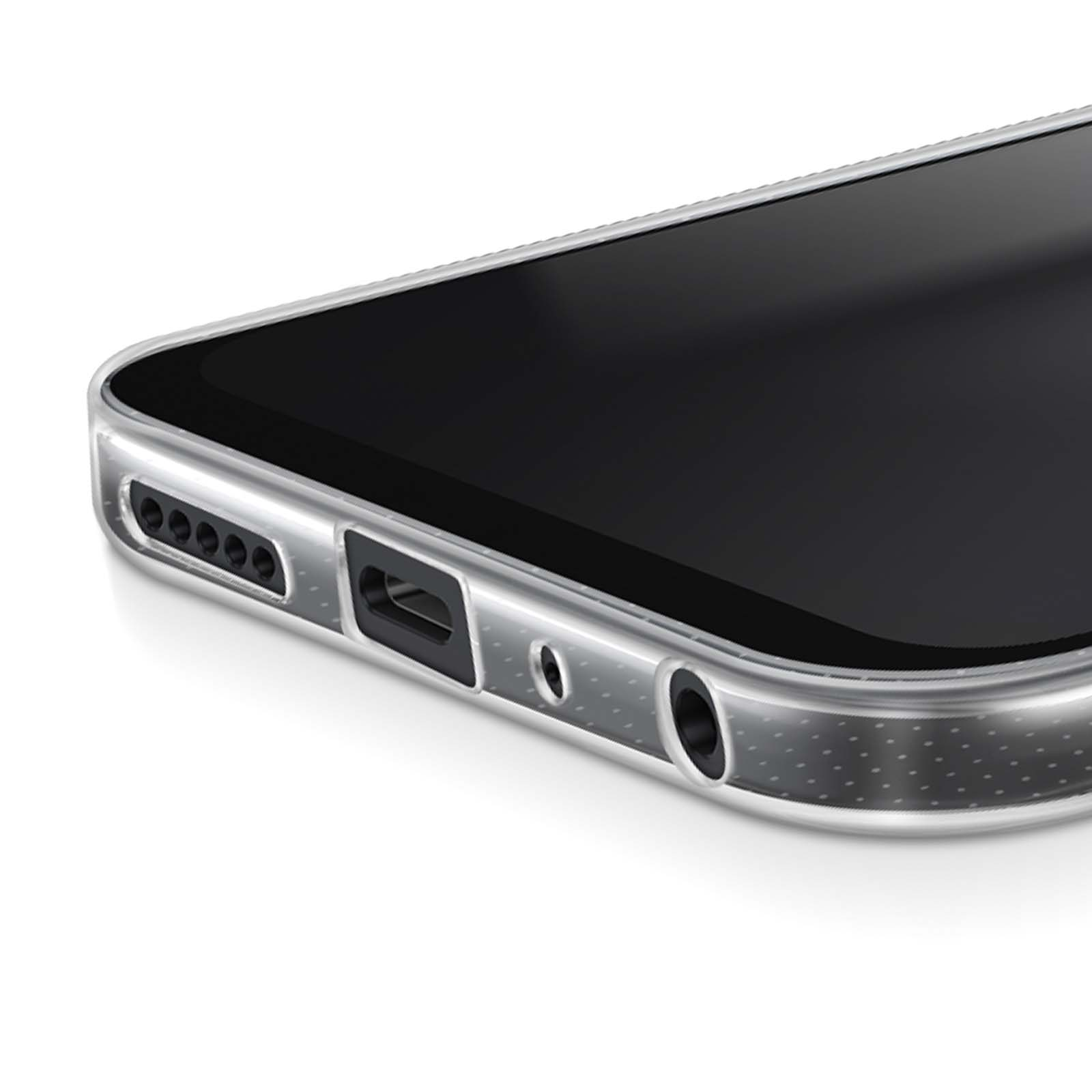 Nahaufnahme der Unterkante eines Smartphones mit transparenter Hülle. Sichtbar sind Ladeanschluss, Lautsprecherlöcher und Kopfhöreranschluss.