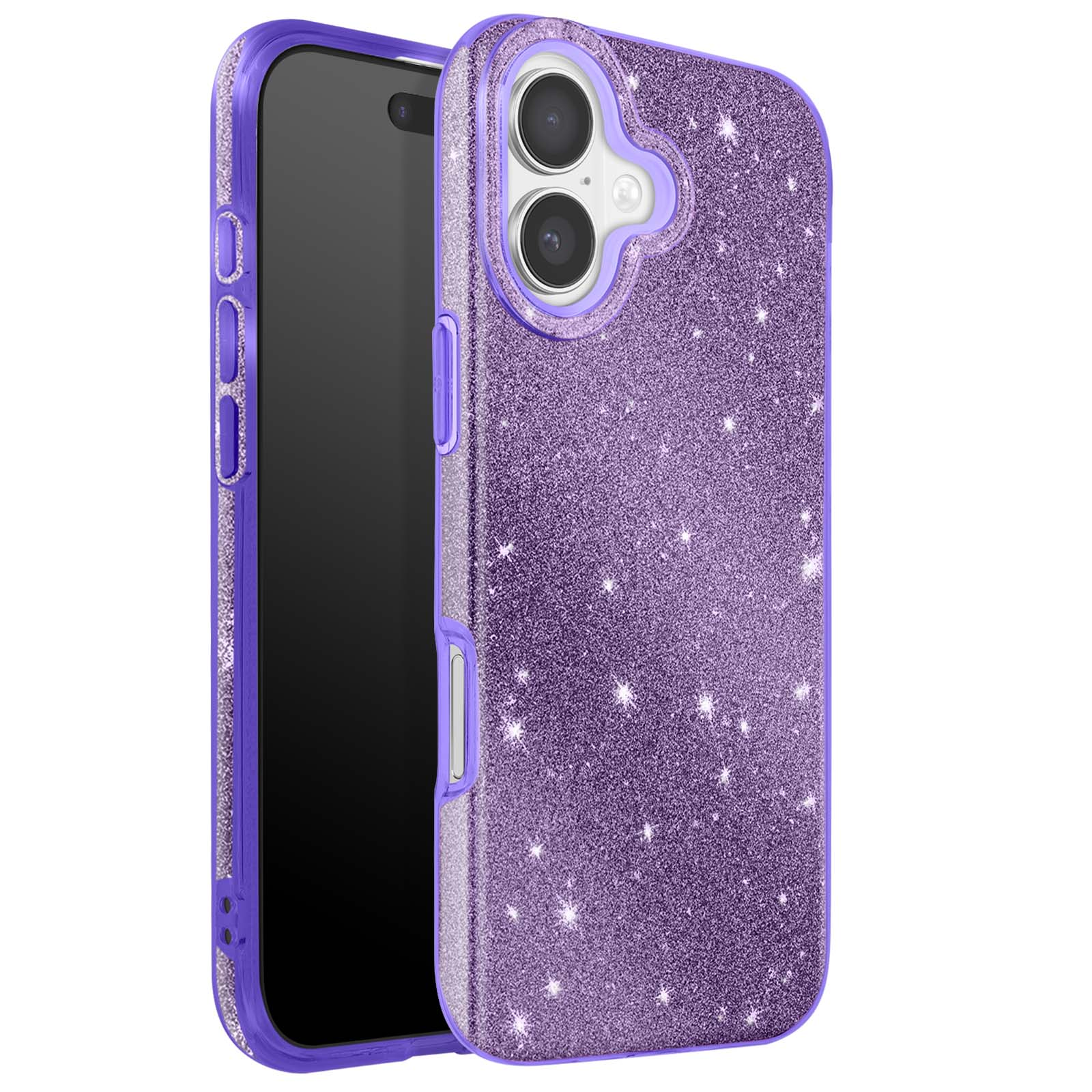 Een paarse glitter telefoonhoes met een zwarte telefoon erin. De hoes heeft een glinsterende afwerking en een paarse rand.