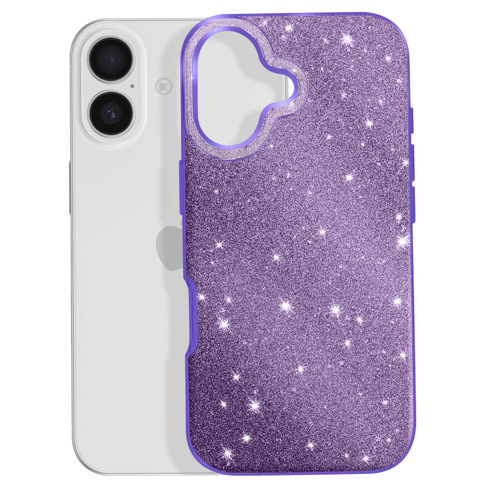 Telefoon met paarse glitter telefoonhoes. Transparante telefoon achterkant. Hoes heeft camera uitsparing en knop details.