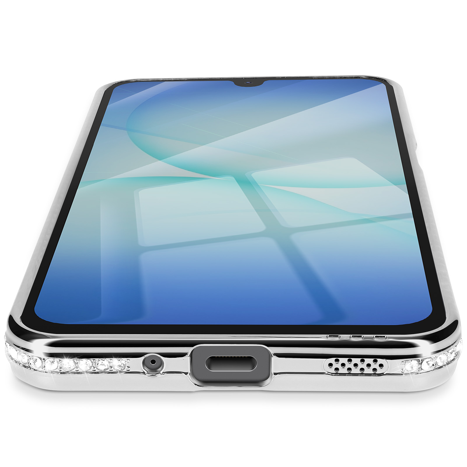 Un smartphone avec un écran bleu, encadré dans un cadre argenté avec des strass. Le fond est blanc.