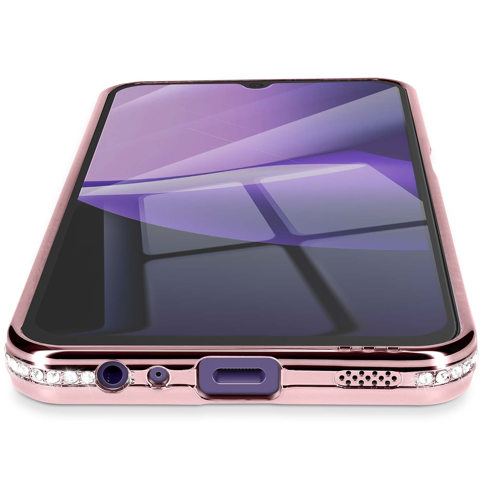 Rosegouden telefoonhoesje met strass. Telefoonscherm toont paarse achtergrond. De hoes heeft openingen voor camera en poorten.