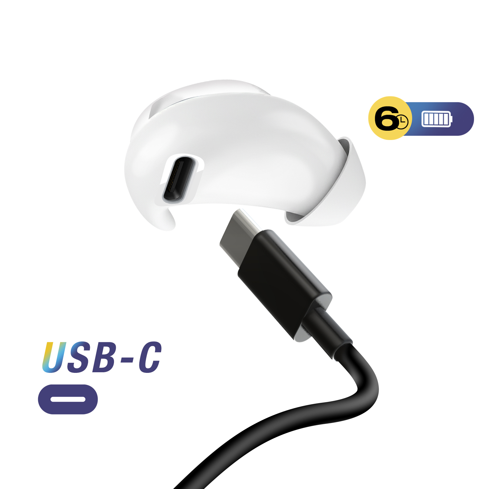 Un écouteur blanc avec port de charge, un câble USB-C noir et un indicateur de niveau de batterie.