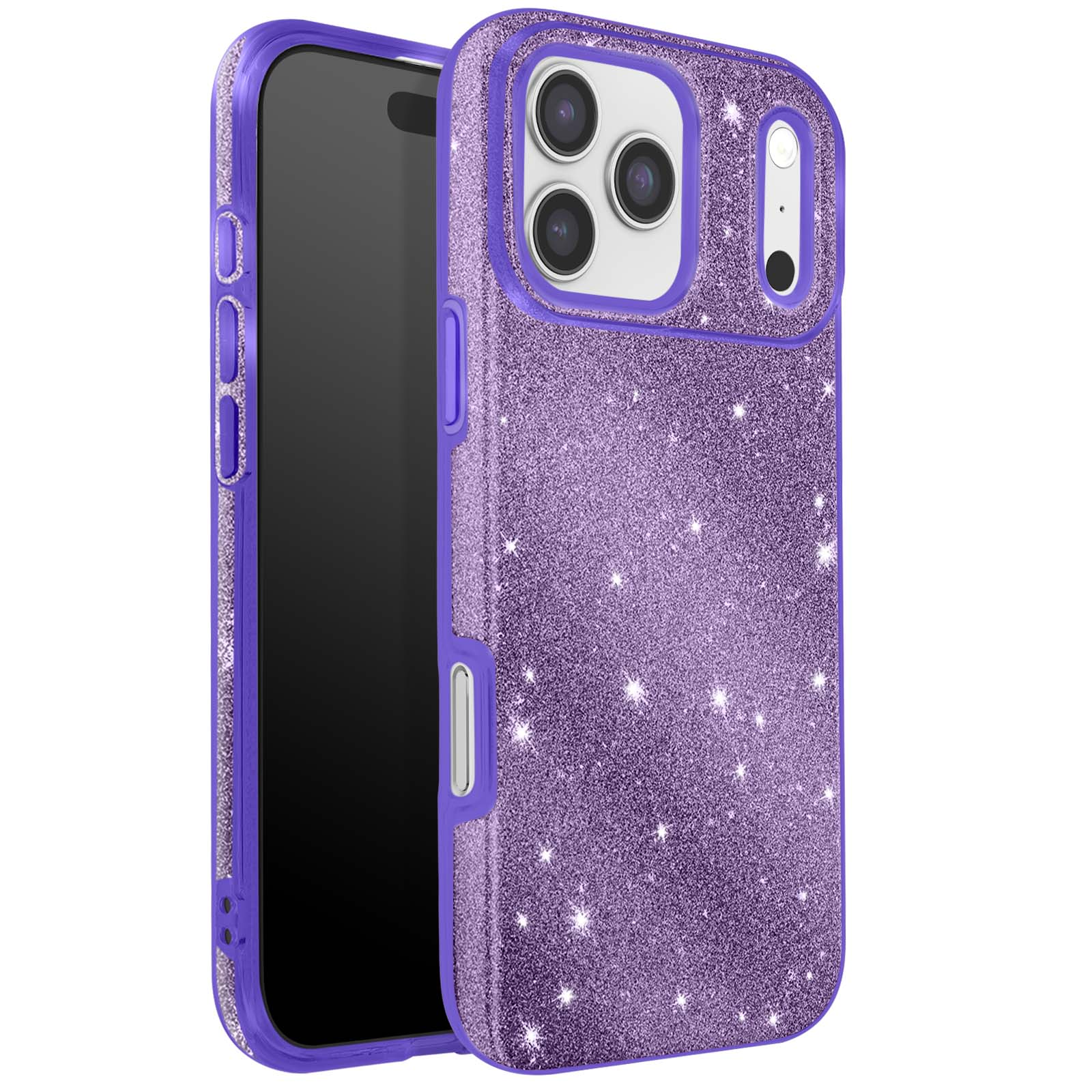 Paarse glitter telefoonhoes met een telefoon erin. De hoes heeft camera-uitsparingen en knoppen.