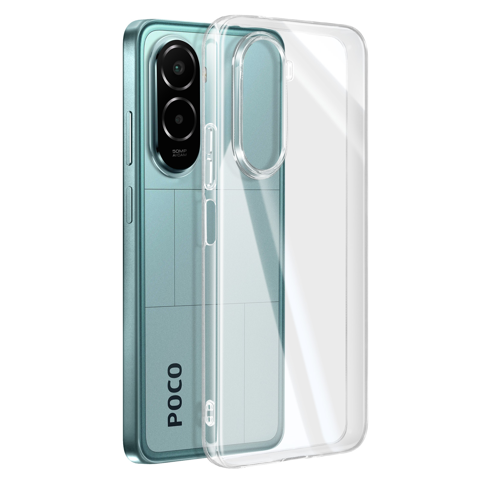 Un téléphone Poco turquoise avec une coque transparente. Les lentilles de l'appareil photo sont visibles. Le téléphone est sur une surface blanche.