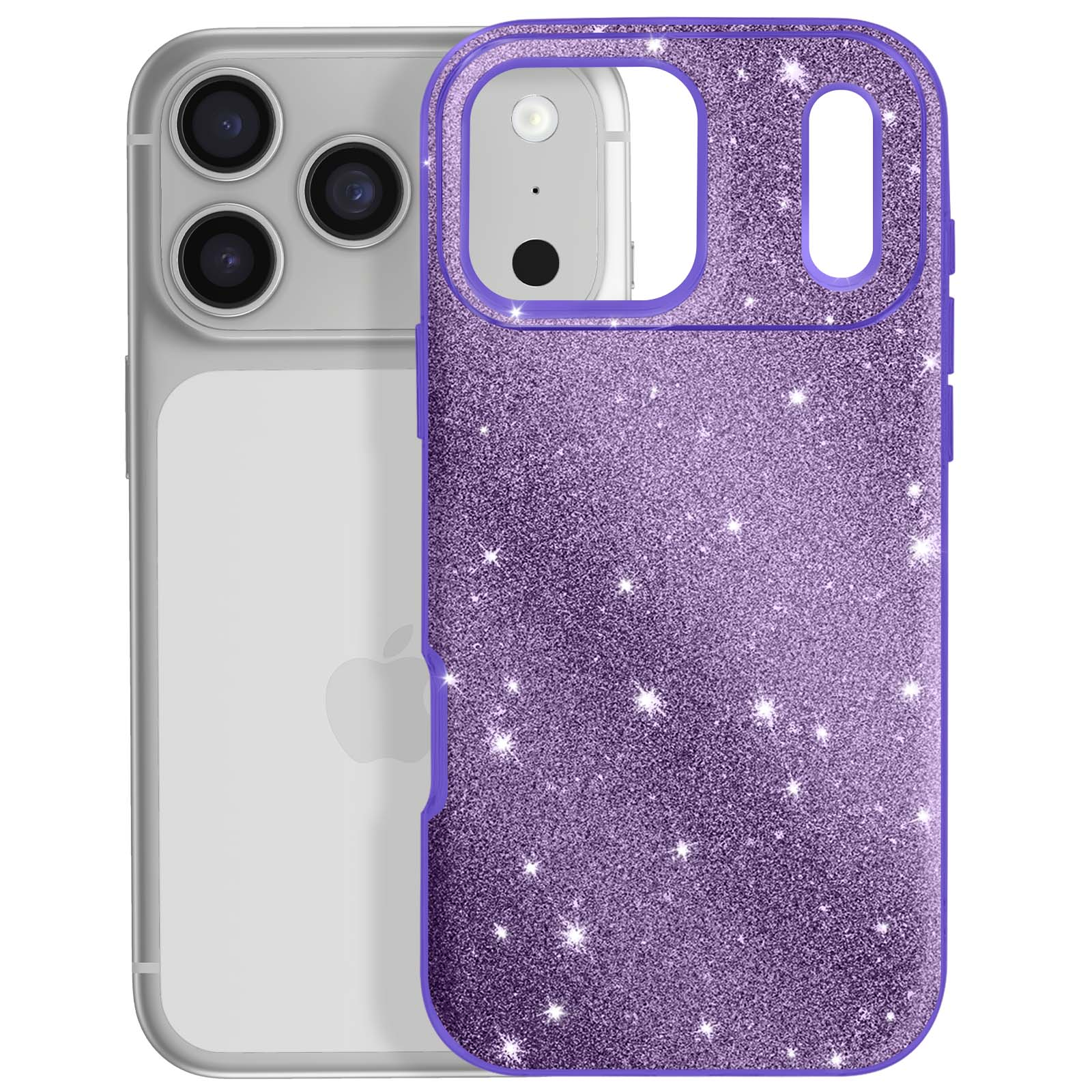 Een telefoon in een sprankelende paarse hoes. De telefoon is zilver en heeft een camera-array.