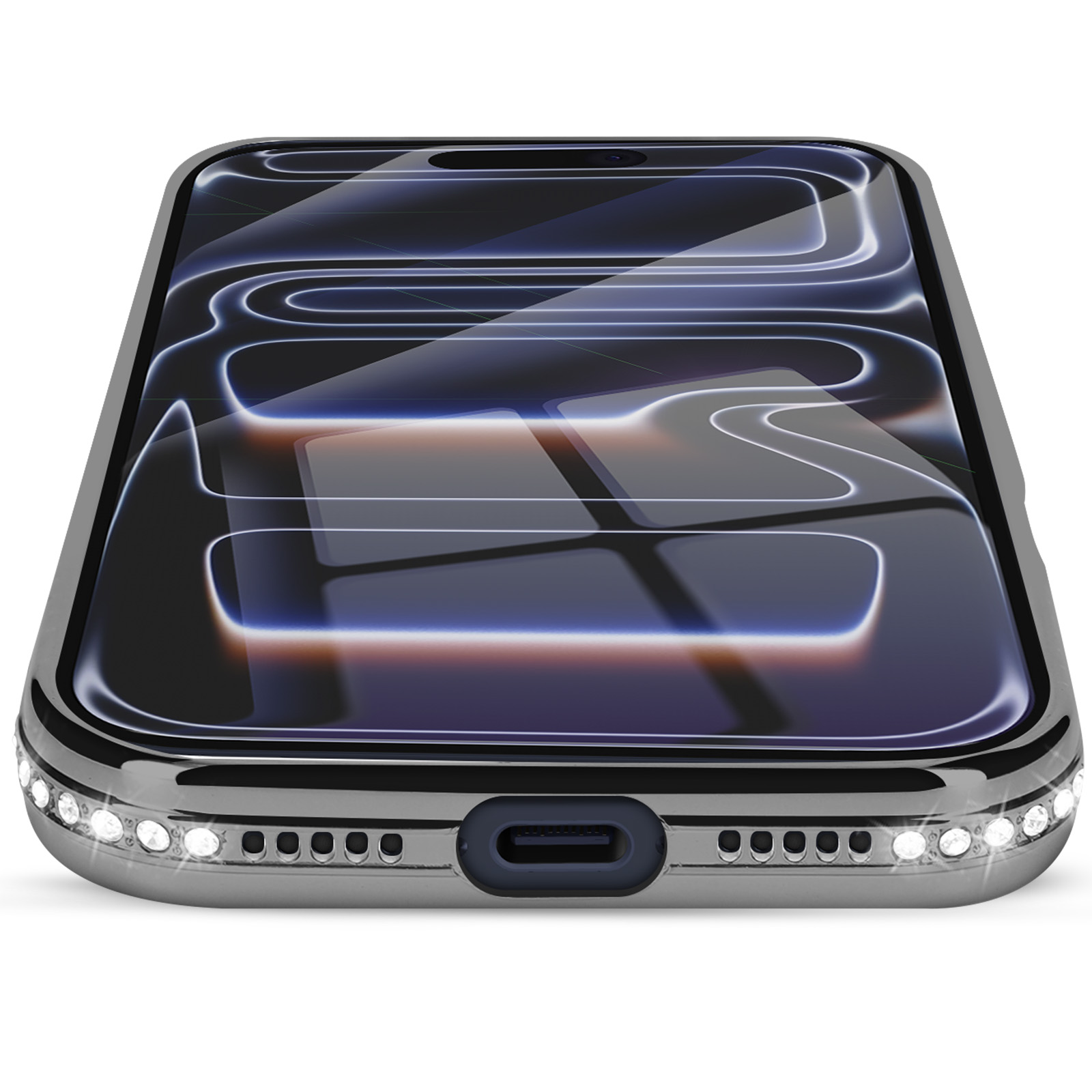Gros plan d'un smartphone à écran réfléchissant. Le téléphone a un cadre argenté, et le bord inférieur est serti de petits joyaux clairs.