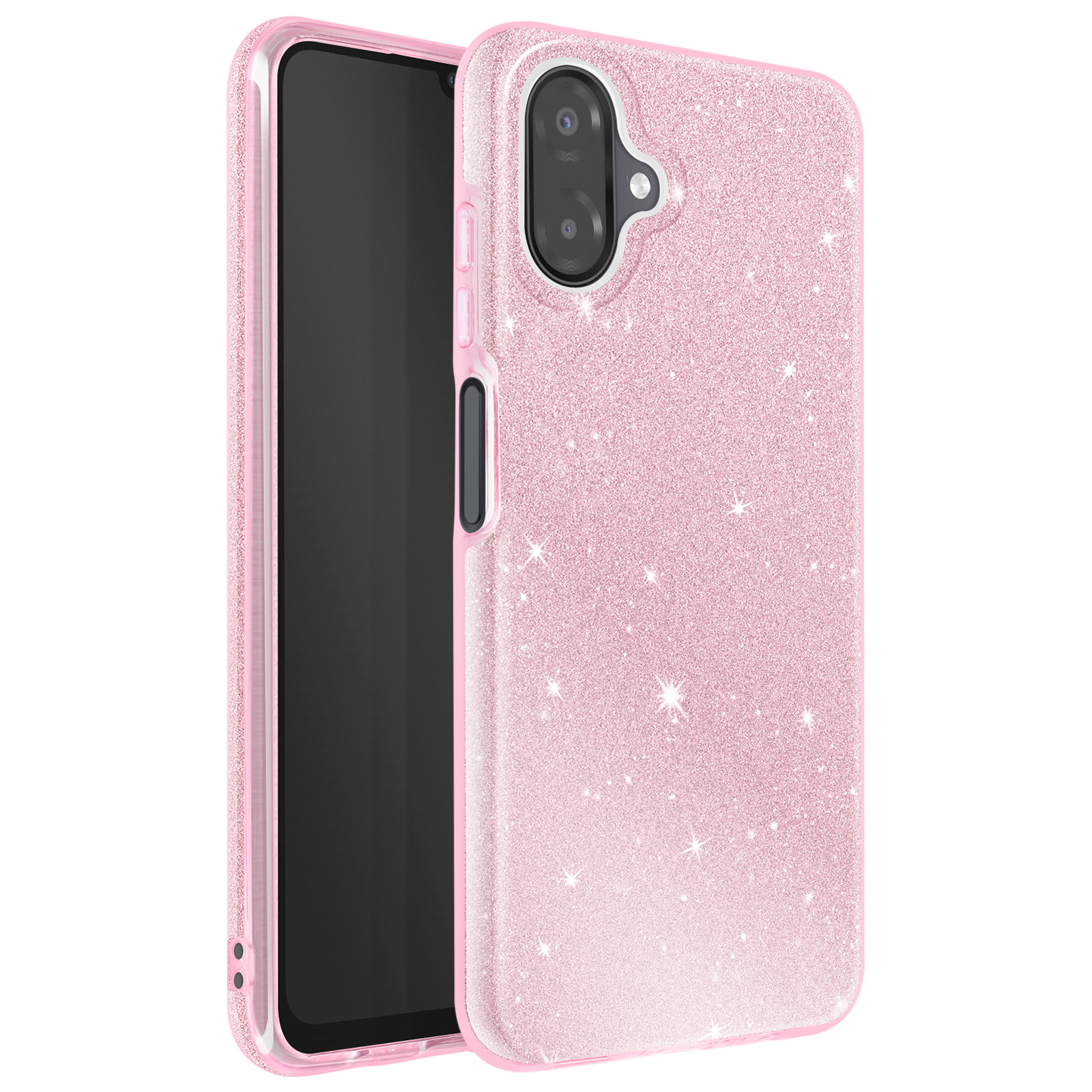 Une coque de téléphone rose pailletée avec un écran de téléphone noir. La coque a une découpe pour l'appareil photo et des paillettes.