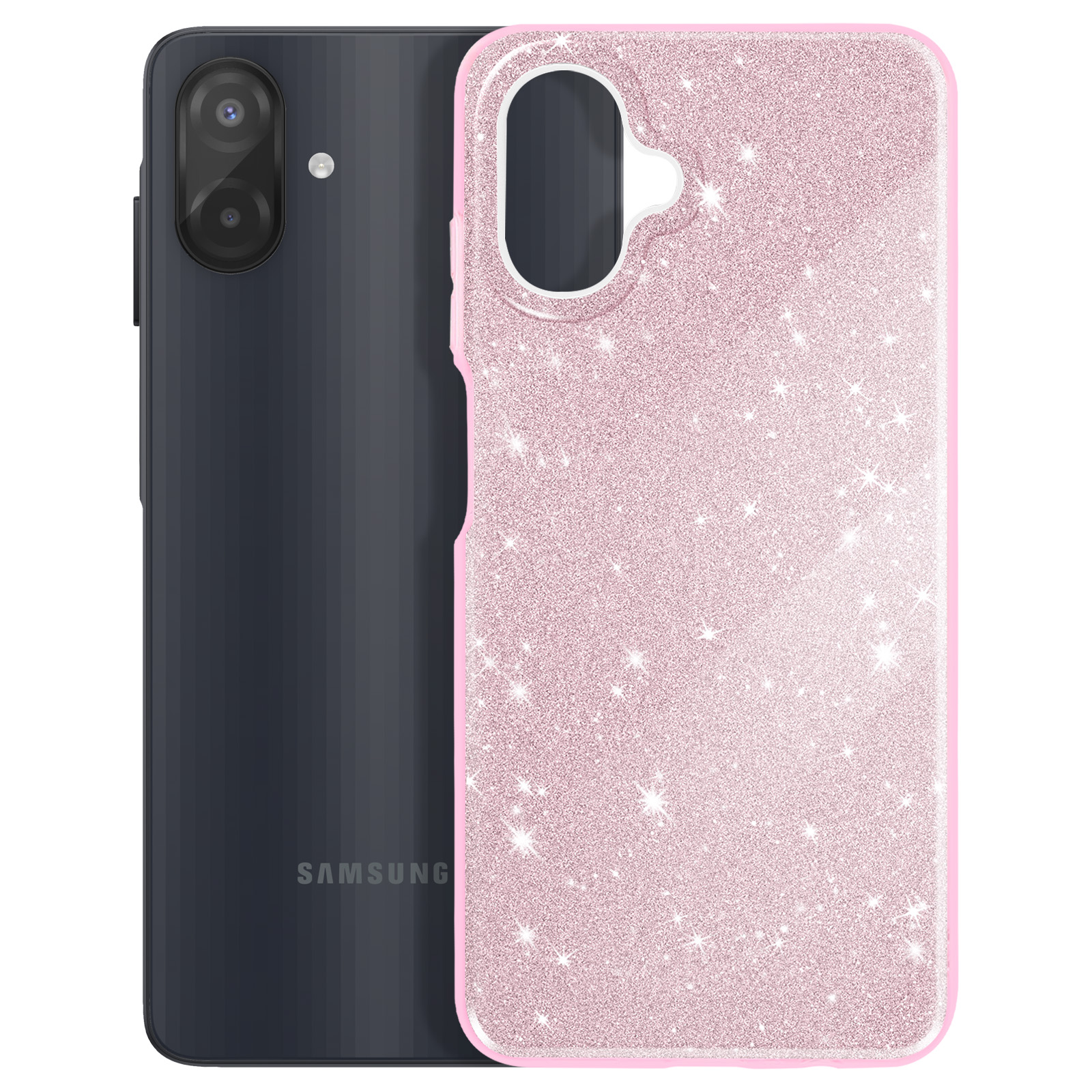 Un téléphone Samsung avec une coque rose à paillettes. L'étui a une découpe pour l'appareil photo et un bord rose.