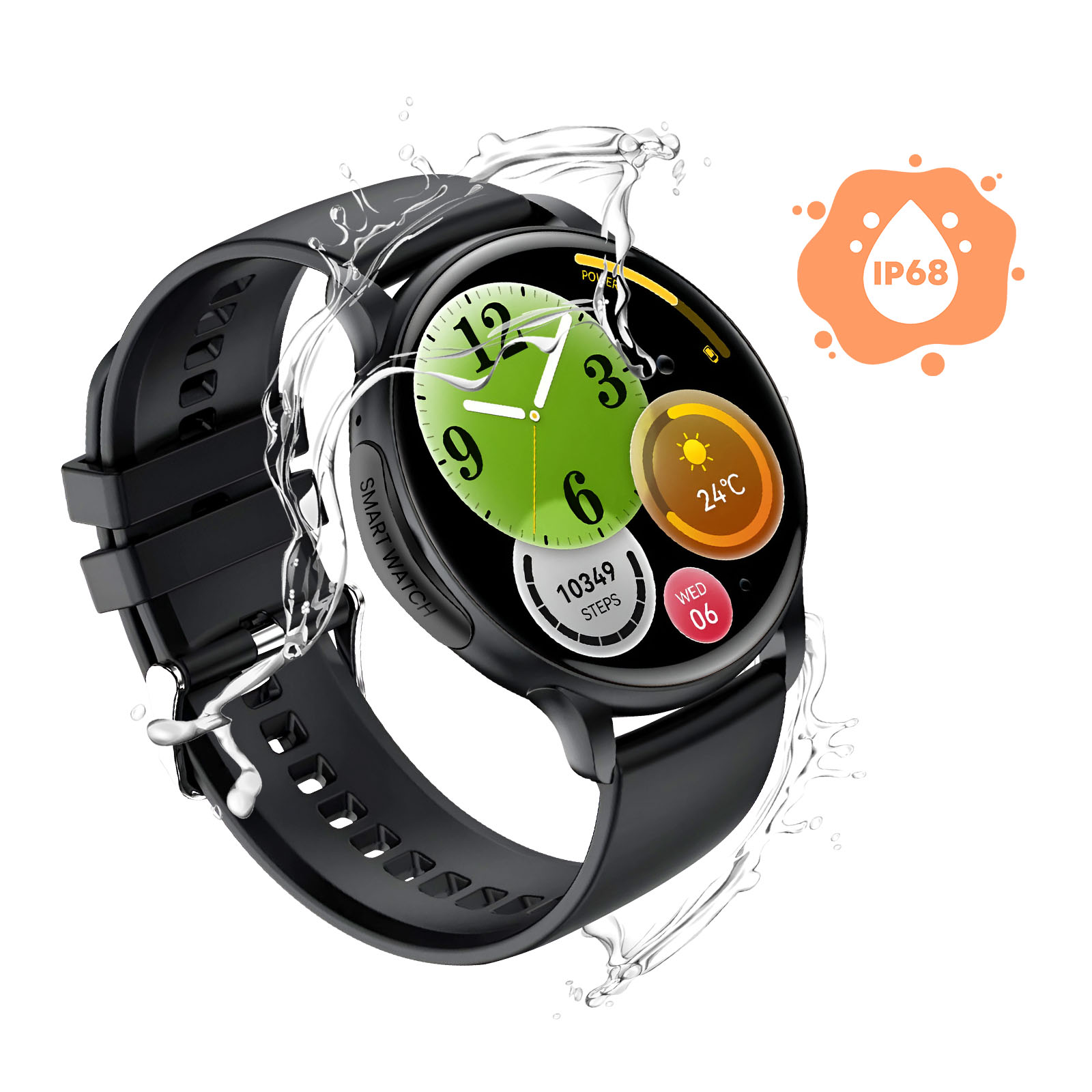 Schwarze Smartwatch mit grünem Zifferblatt, Wassertropfen und IP68-Symbol, zeigt Schritte, Temperatur und Datum.
