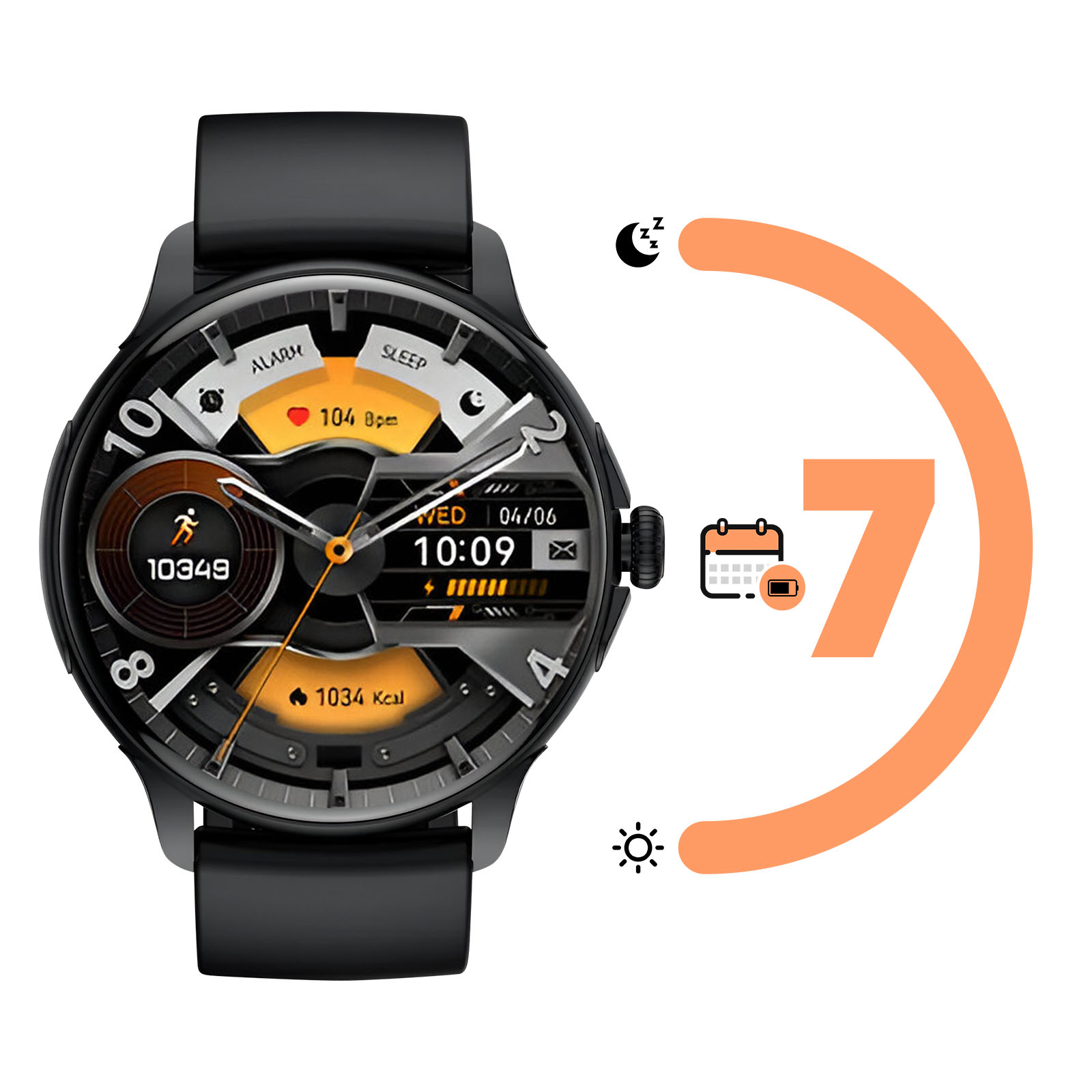 Eine schwarze Smartwatch zeigt Zeit, Herzfrequenz, Schritte und Kalorien an. Ein oranger Bogen und Symbole stellen Schlaf, Akku und Sonne dar.