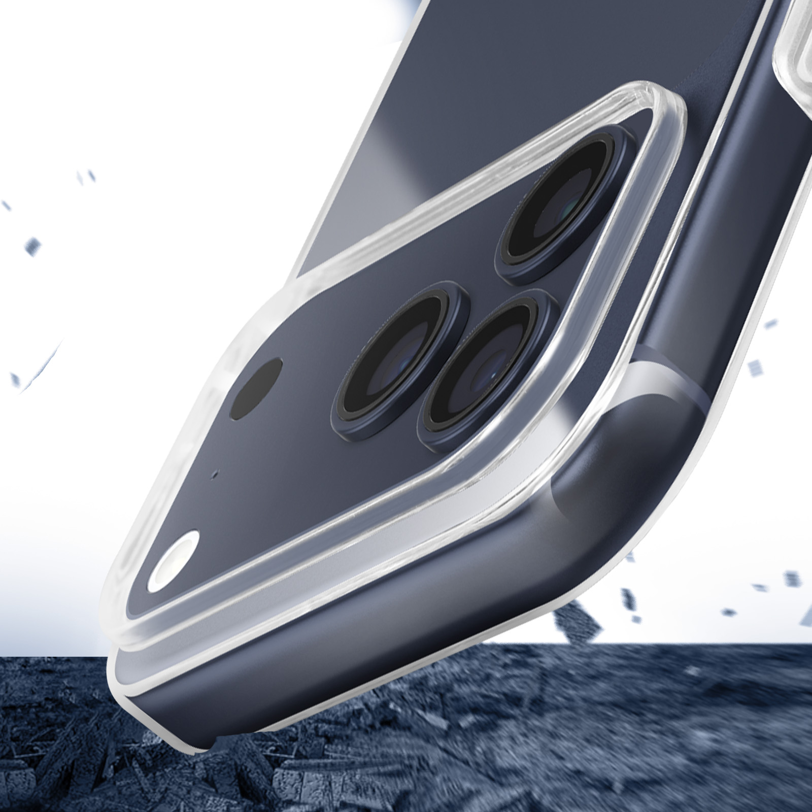 Een telefoon met een doorzichtige hoes valt. De telefoon is donkerblauw met drie cameralenzen. De achtergrond is wit en blauw.