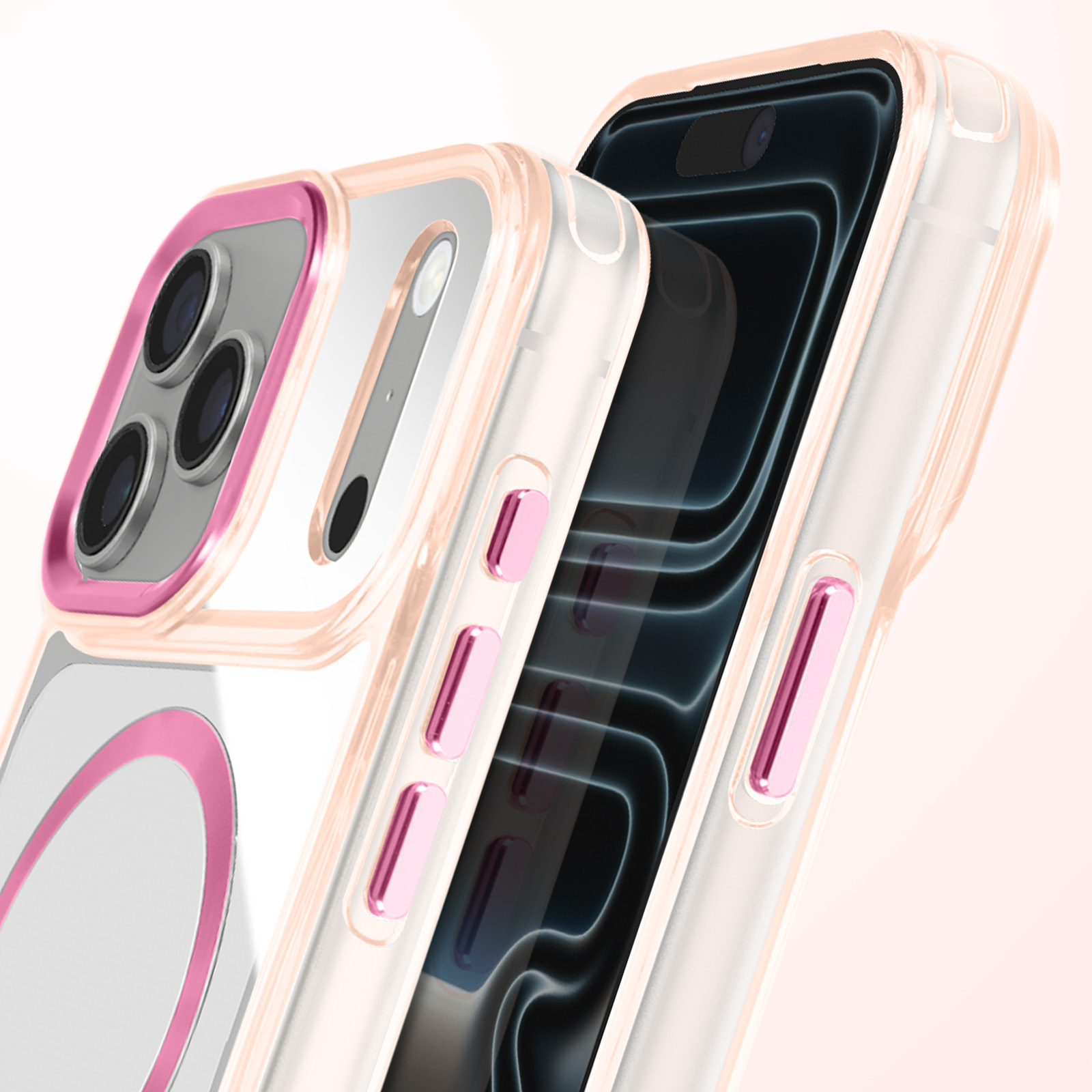 Close-up van drie telefoonhoesjes. Ze zijn transparant met roze accenten en knoppen. De schermen zijn zwart.
