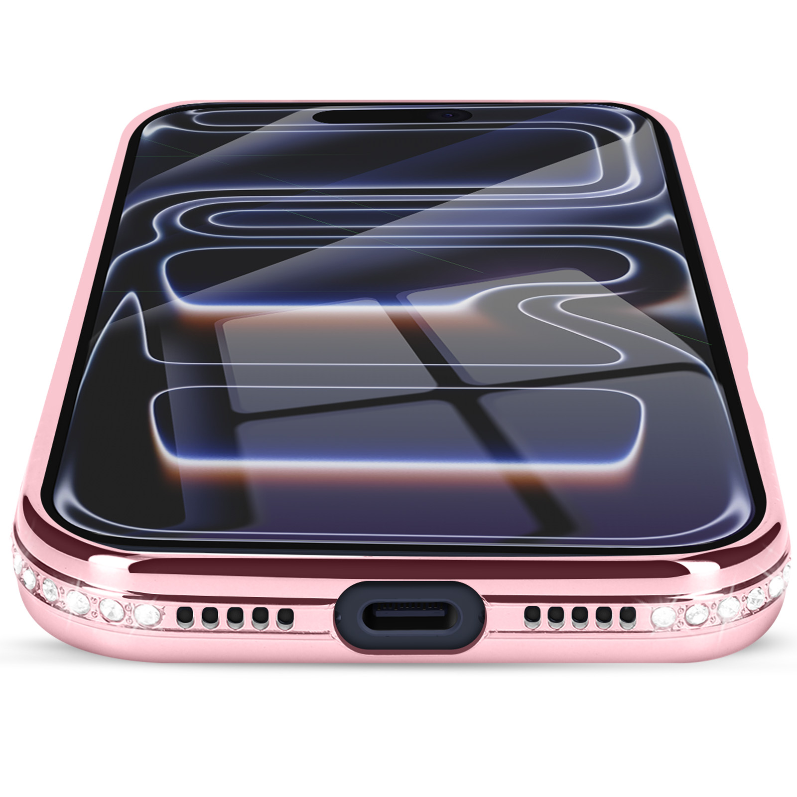 Téléphone or rose avec protecteur d'écran en verre. Strass bordent le bord inférieur. L'écran reflète la lumière.