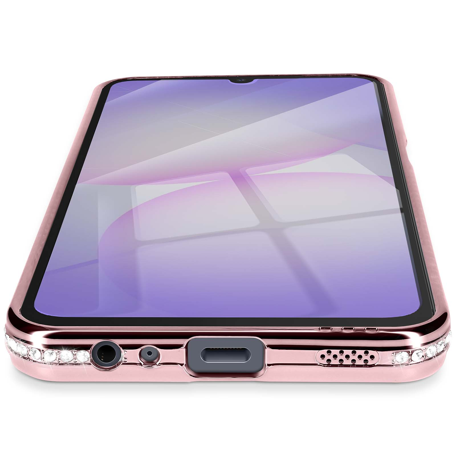 Custodia per telefono color oro rosa con cristalli incastonati. Ha uno schermo viola. La custodia è angolata verso lo spettatore.