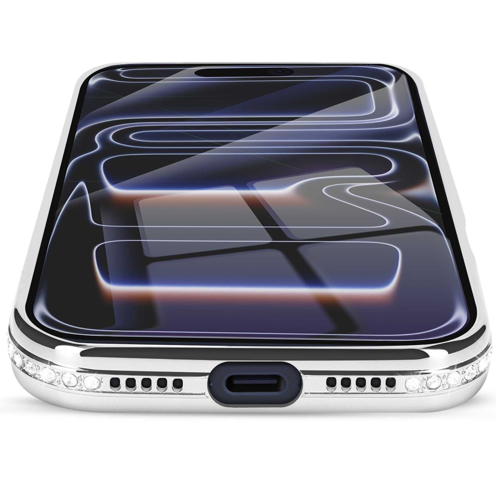 Een close-up van een zilveren telefoon. Het scherm heeft een patroon van lijnen en vormen. De telefoon heeft juwelen langs de rand.